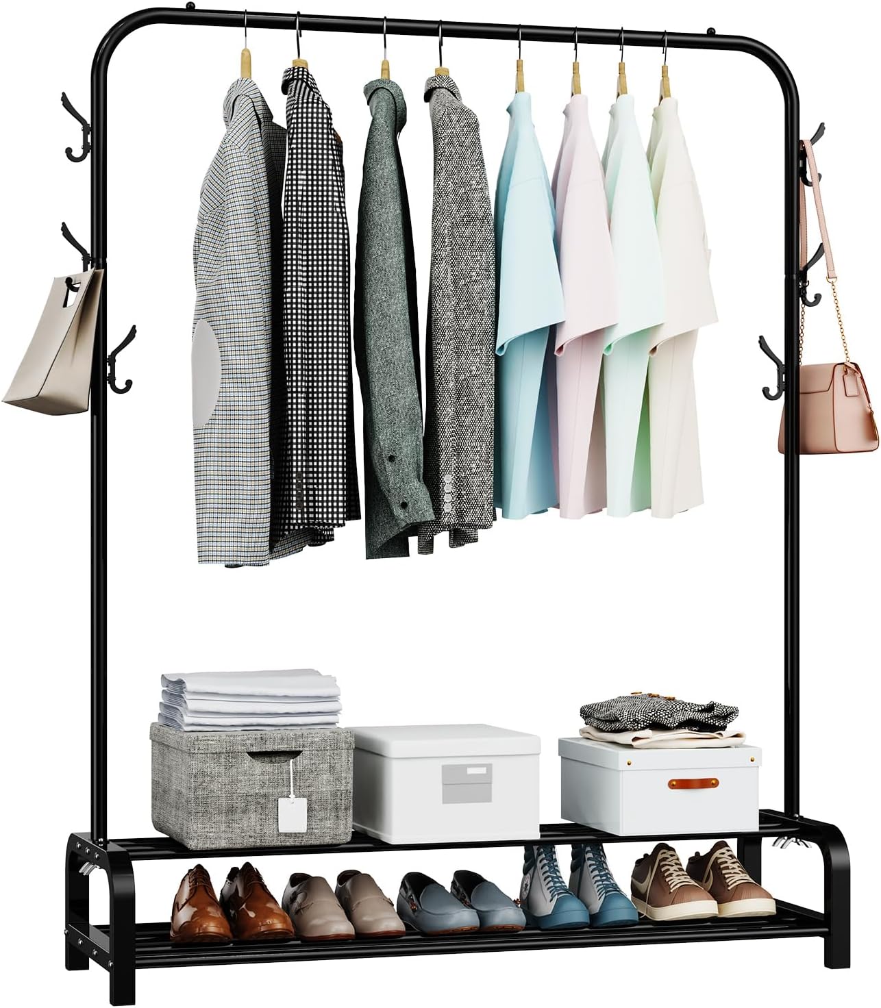 LOEFME heavy duty clothes rail for bedroom with hooks and shelves for organised storage