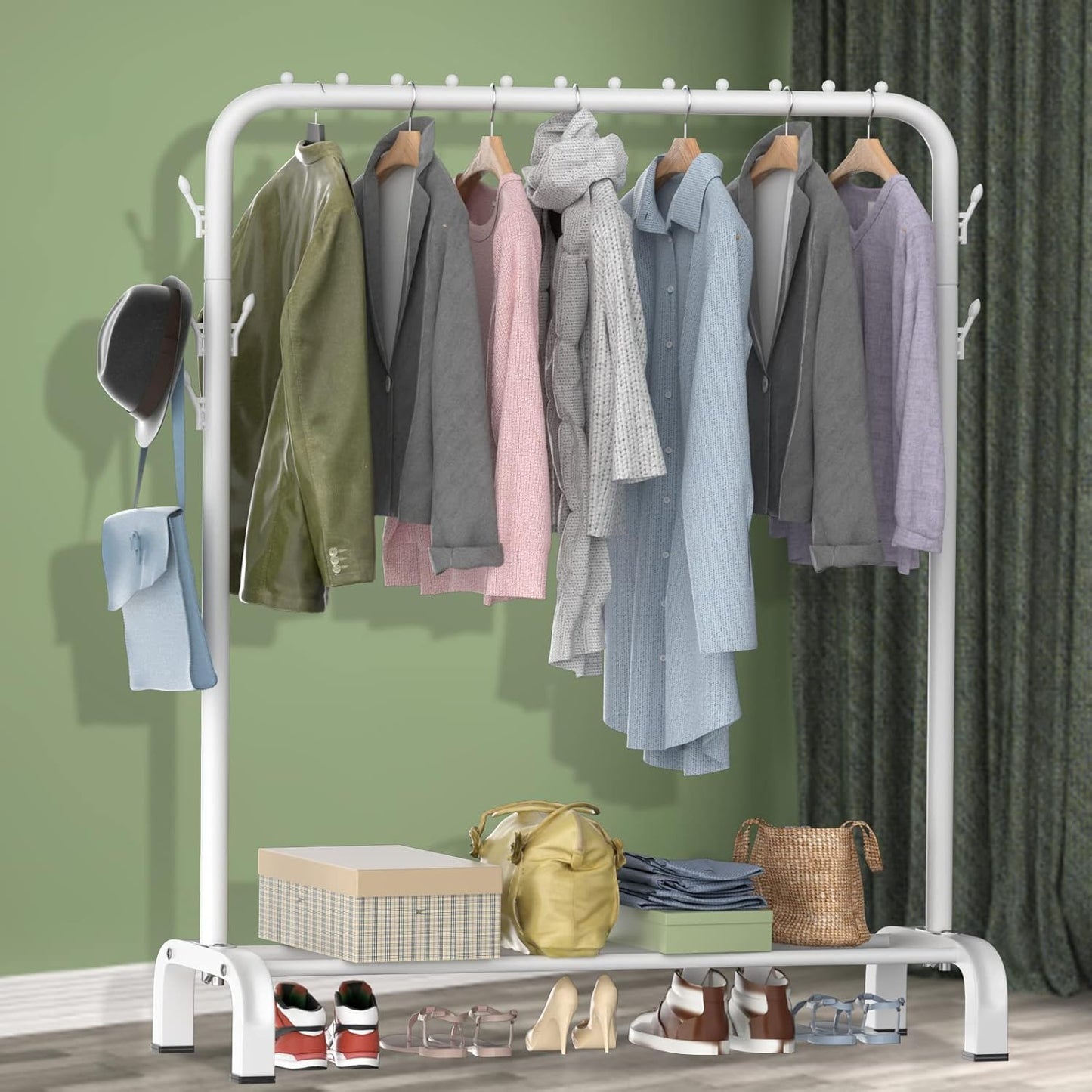 LOEFME heavy duty clothes rail displaying various coats and accessories in a stylish home setting