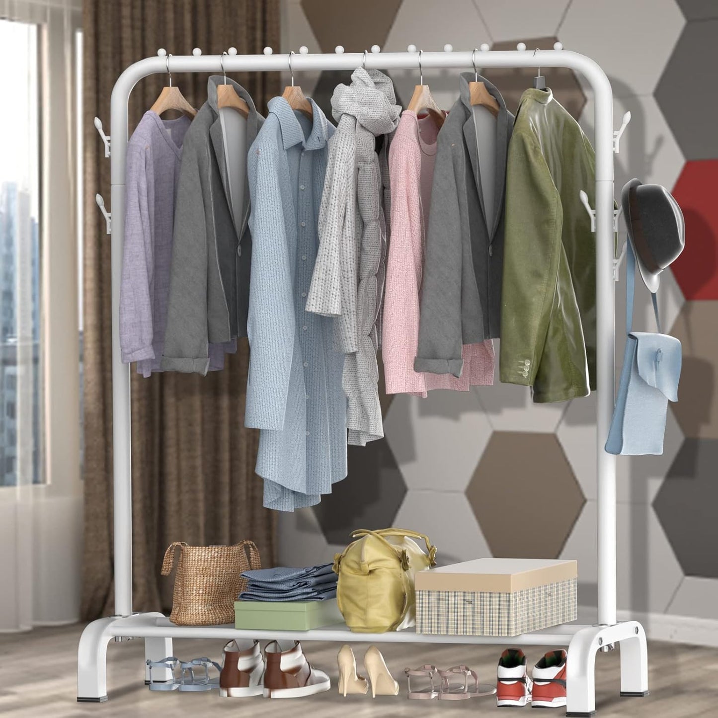 LOEFME heavy duty clothes rail displaying various garments and accessories for organised storage