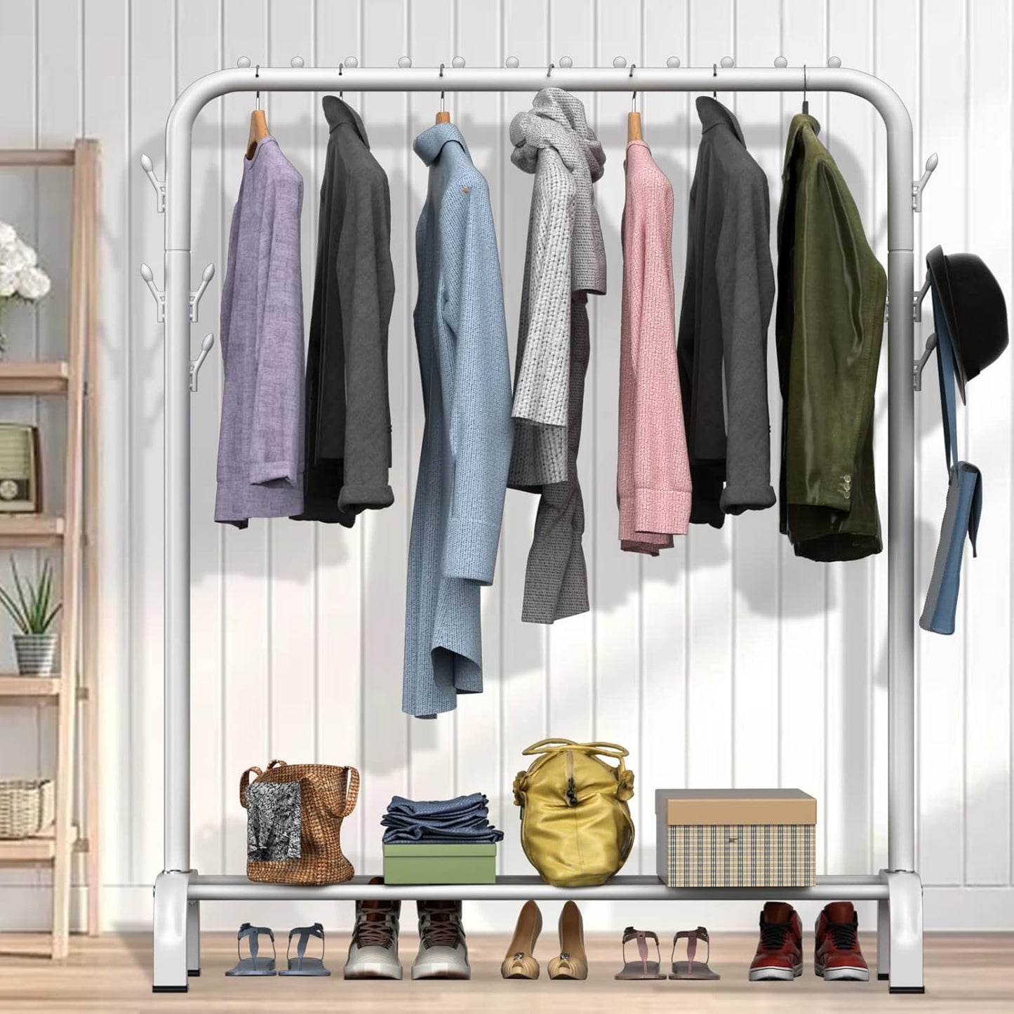 LOEFME heavy duty clothes rail with multiple garments and storage space below for shoes and bags