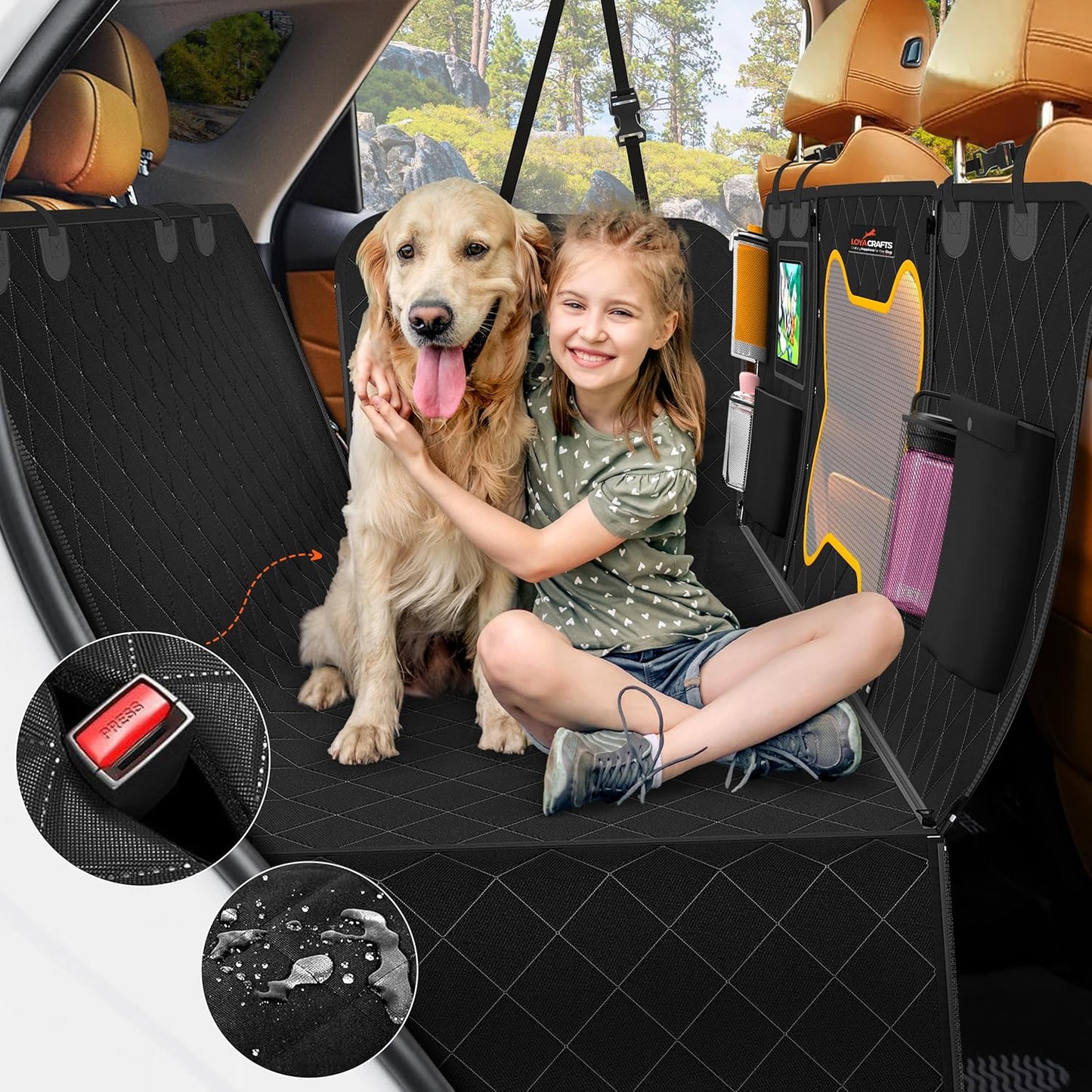 Loya Crafts heavy duty dog car seat cover in black, protecting car seats while providing comfort for pets and children