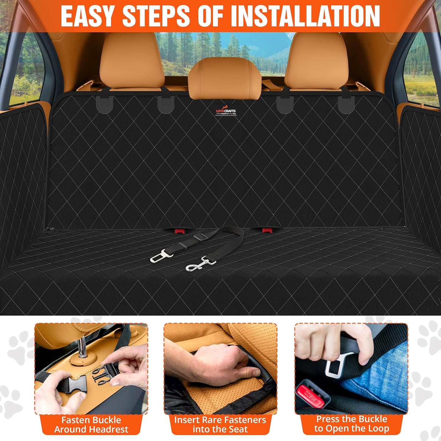 Installation guide for Loya Crafts heavy duty dog car seat cover with clear steps and fastening details