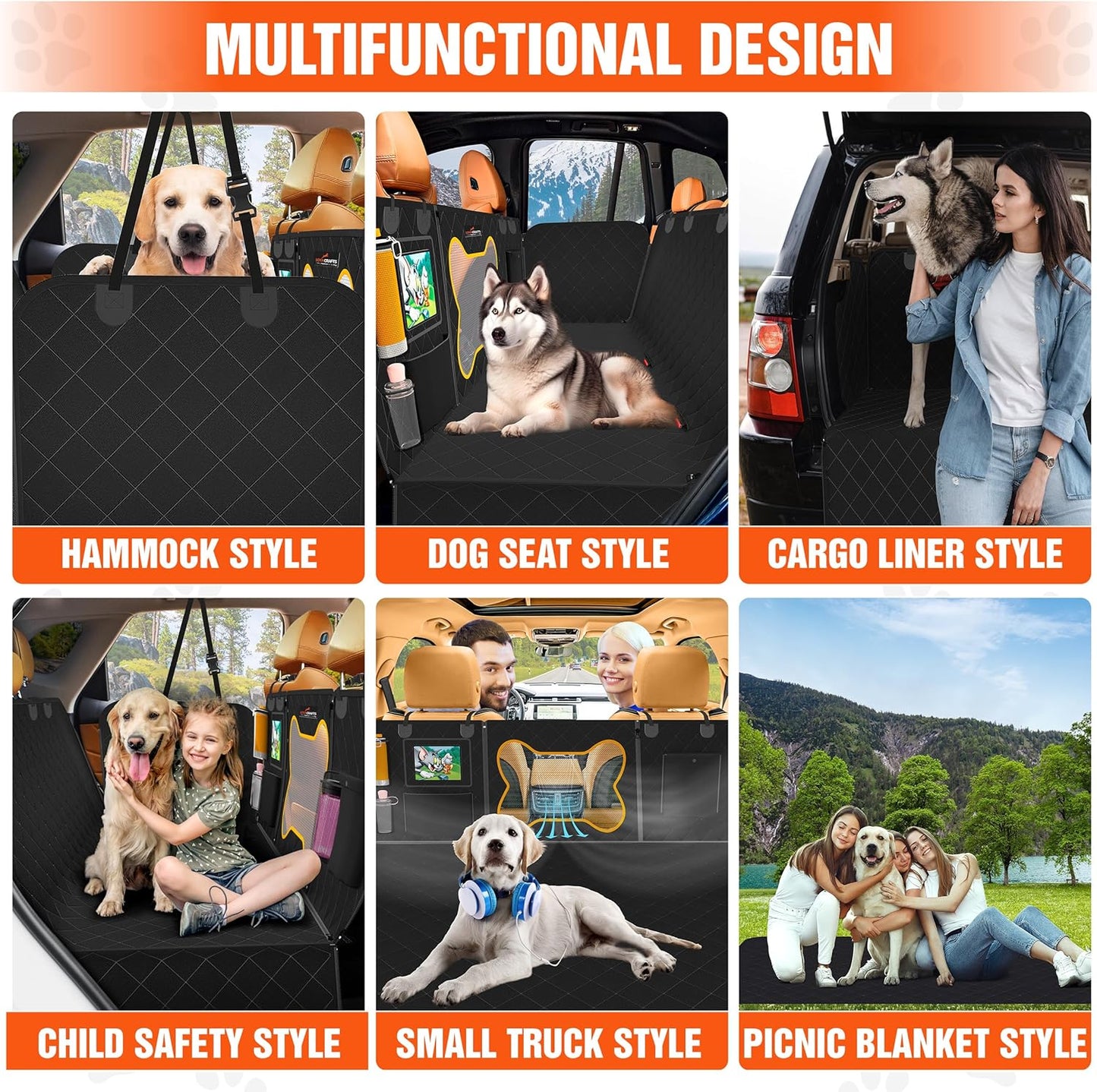 Loya Crafts heavy duty dog car seat cover displayed in multiple styles for versatile pet travel options