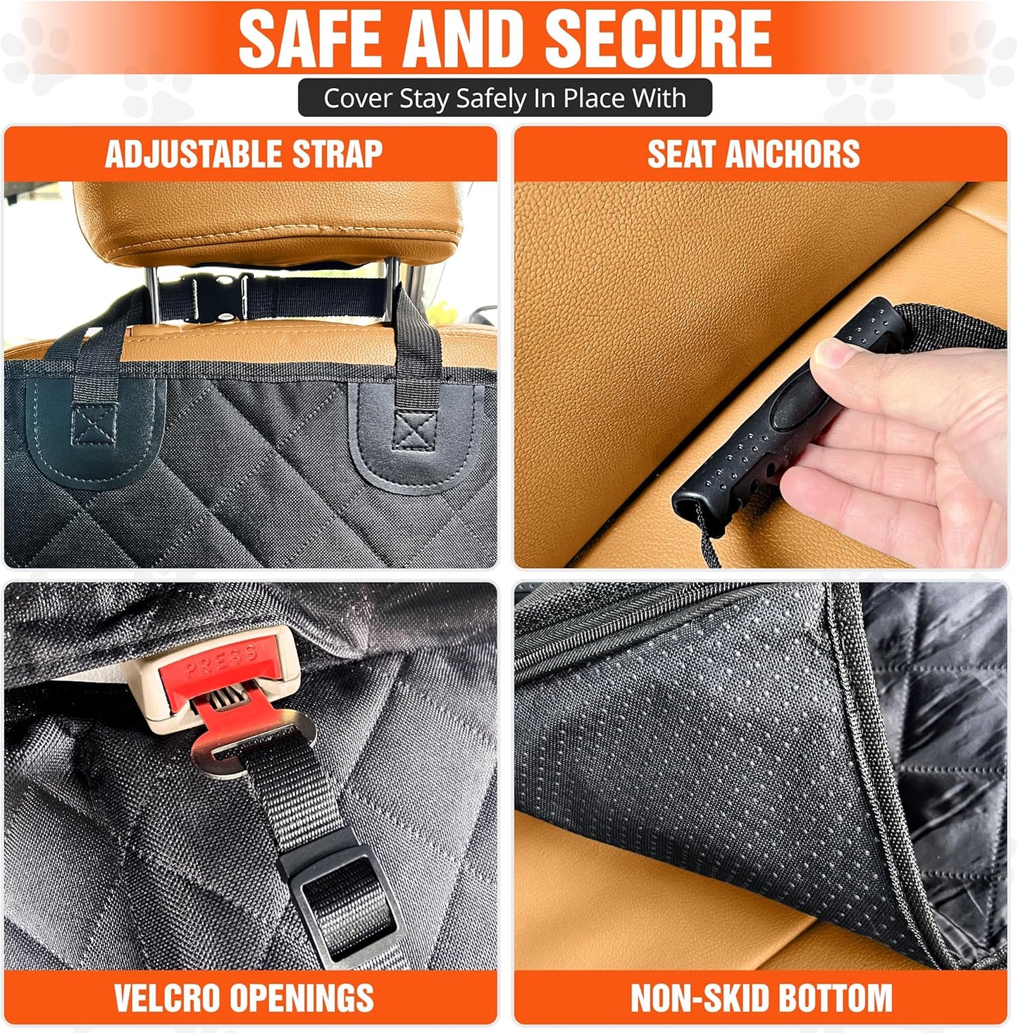 Features of the heavy duty dog car seat cover including adjustable strap and non-skid bottom for safety