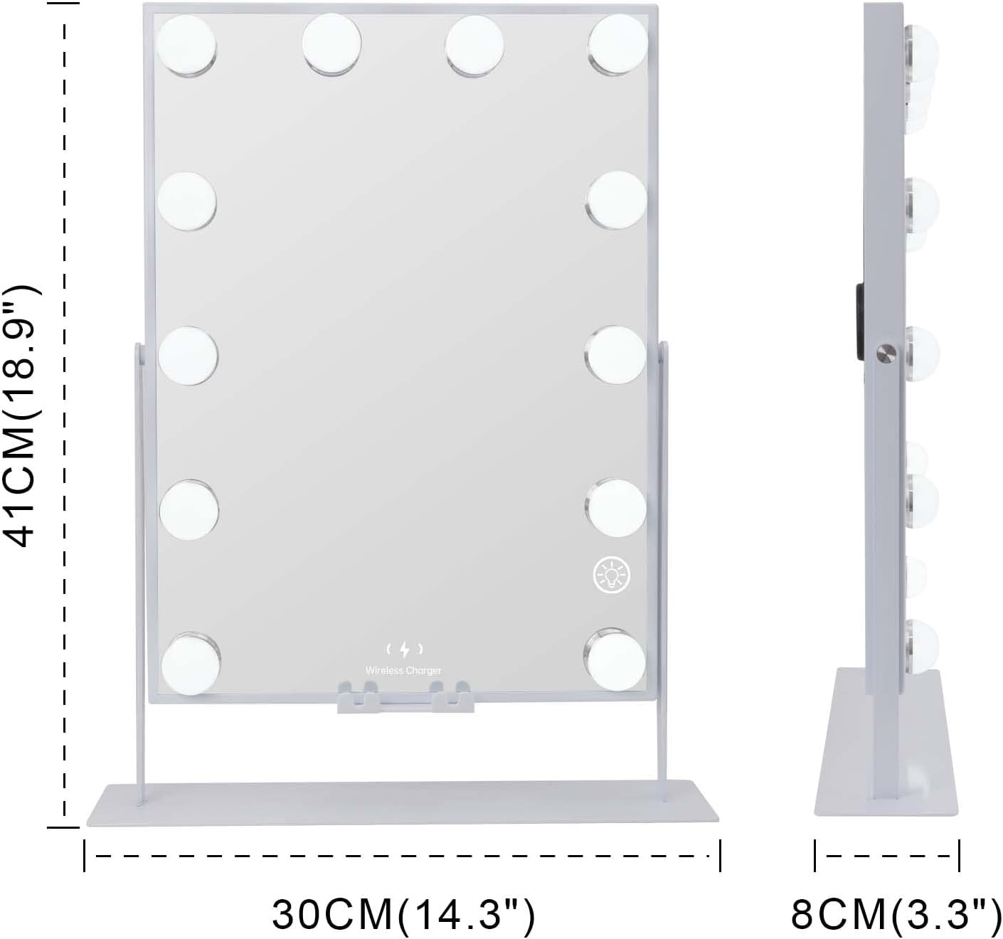 Fenchilin Hollywood vanity mirror with wireless charging, featuring bright lights and a sleek design