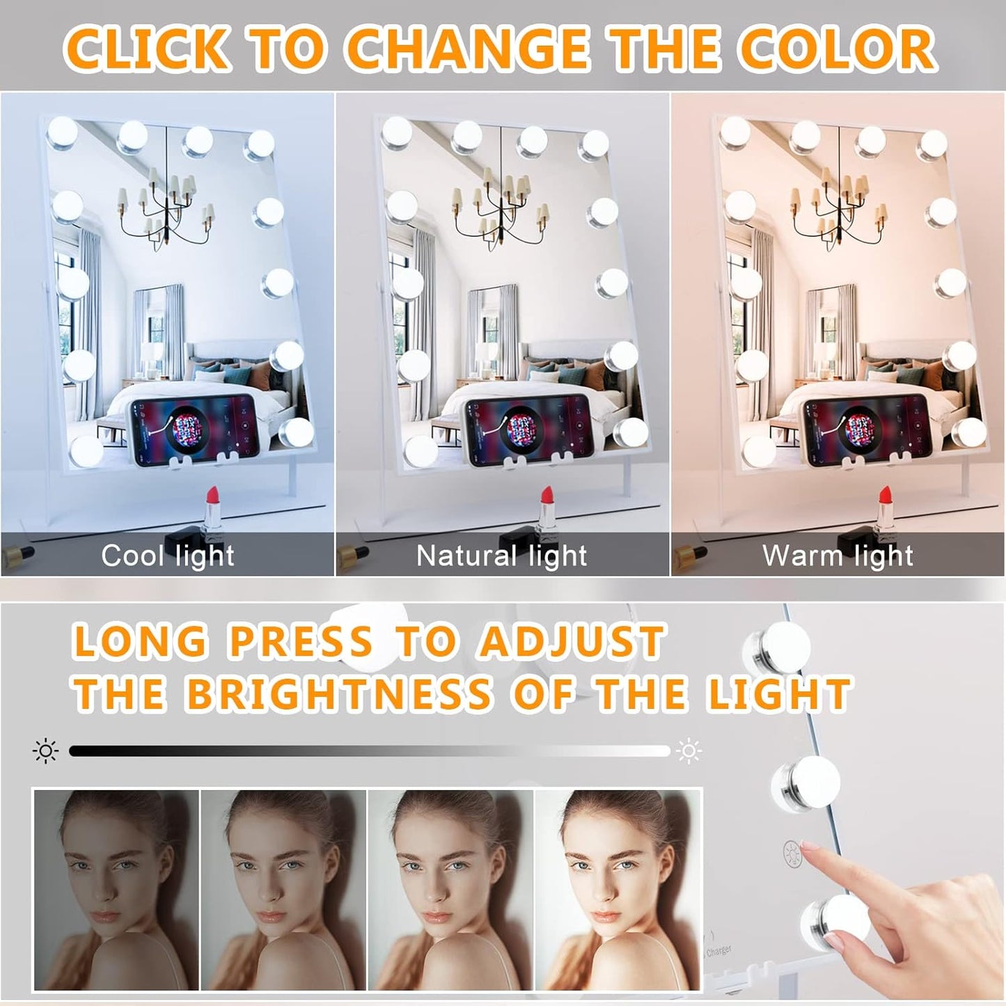 Hollywood vanity mirror with wireless charging showcasing adjustable light colours and brightness settings