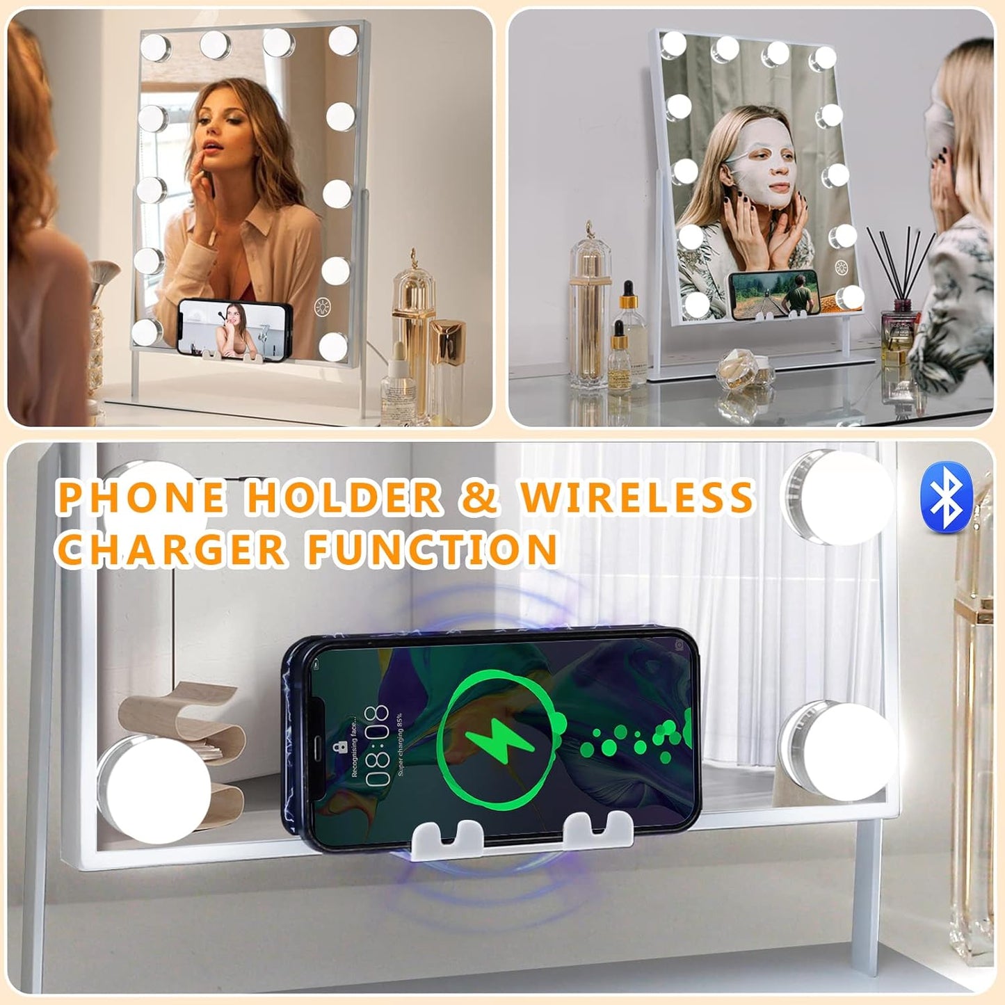 Fenchilin Hollywood vanity mirror with wireless charging and phone holder for stylish make-up application