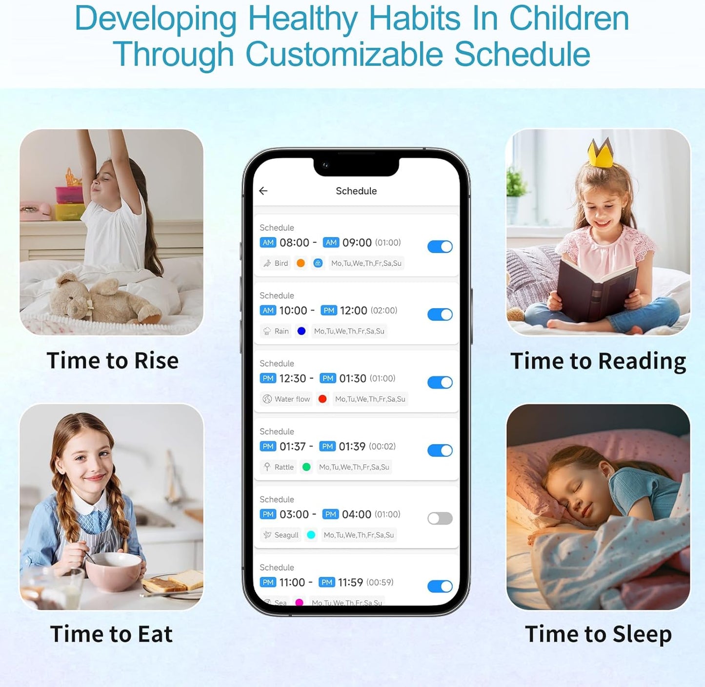 Homidy colour changing night lamp with smartphone app for customised scheduling in children's bedtime routine