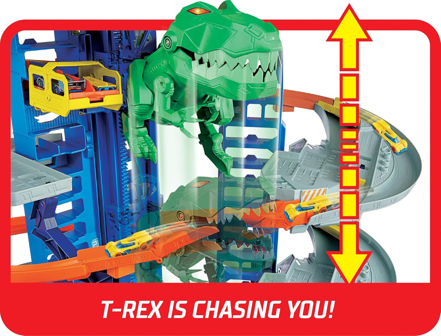 Hot Wheels T-Rex Chasing Toy Track Set with Spinning Loops and Thrills for Kids