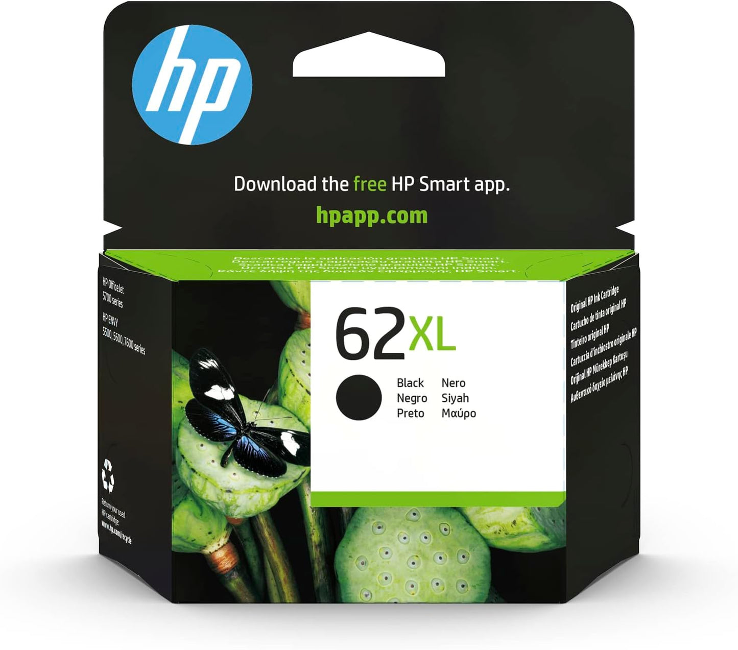 HP 62XL black ink cartridge packaged for high-quality printing and easy use