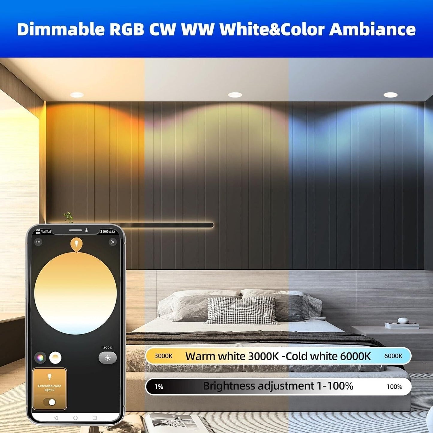 Dimmable RGBWW colour changing ceiling light controlled via smartphone for adjustable brightness and colour ambiance
