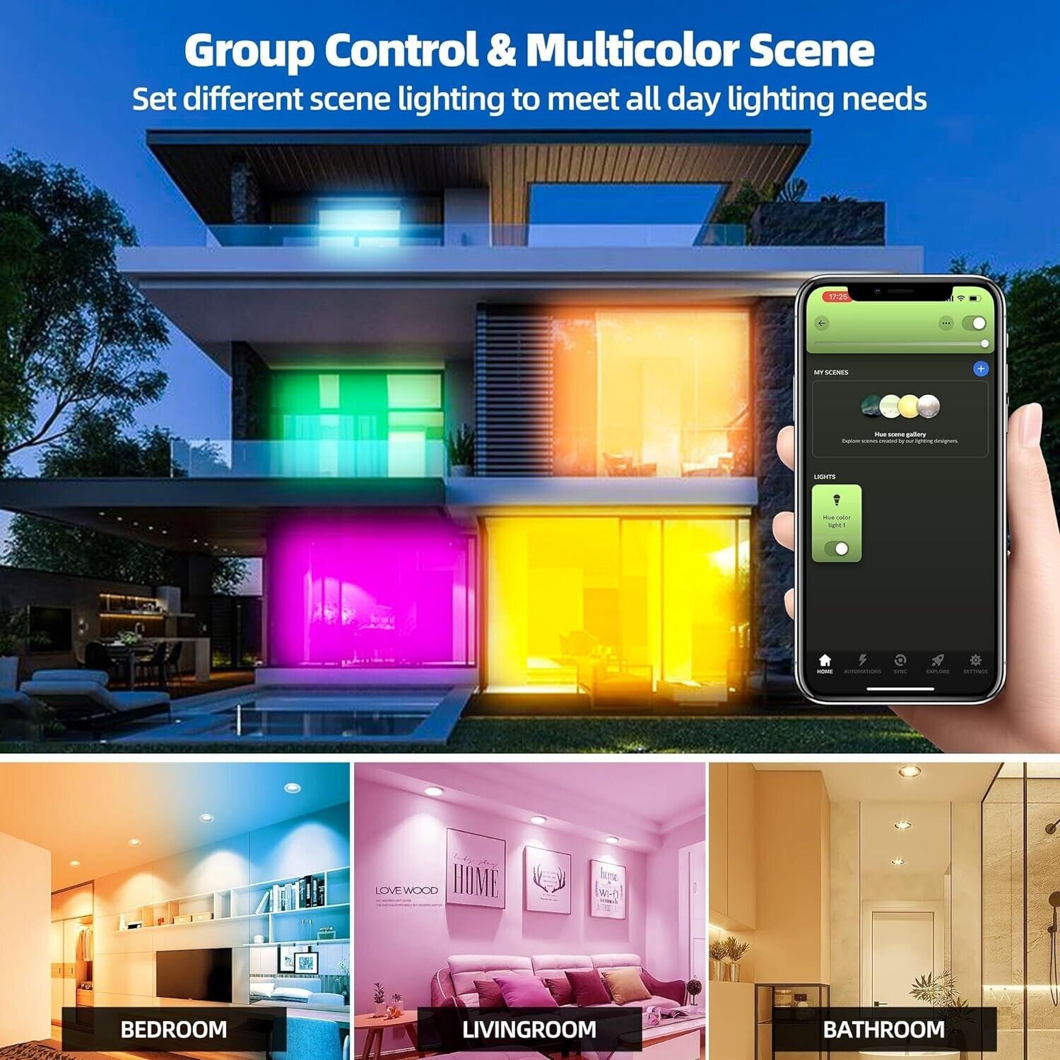 RGBWW colour changing ceiling light showcased in different room settings with group control feature