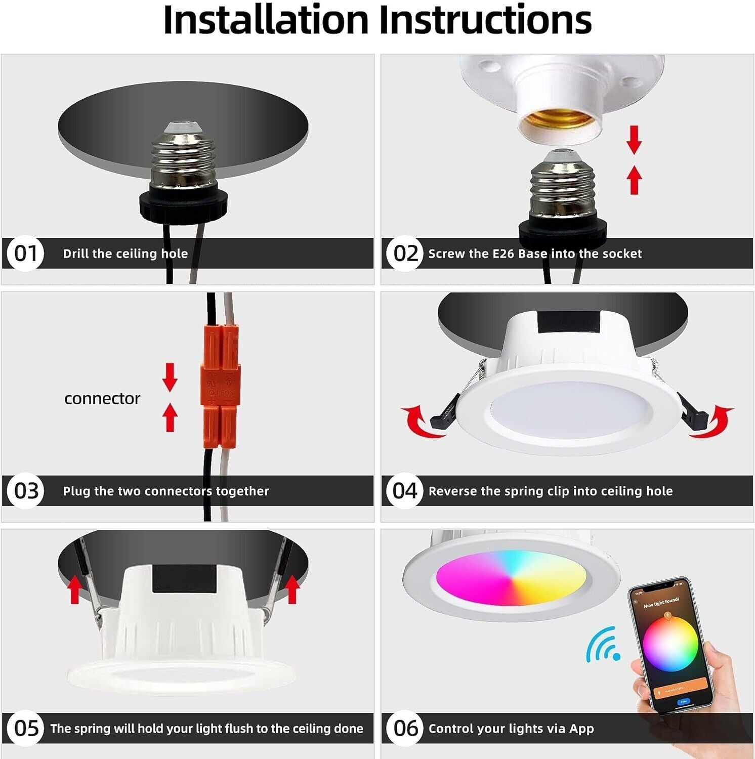 Installation guide for RGBWW colour changing ceiling light with step-by-step instructions