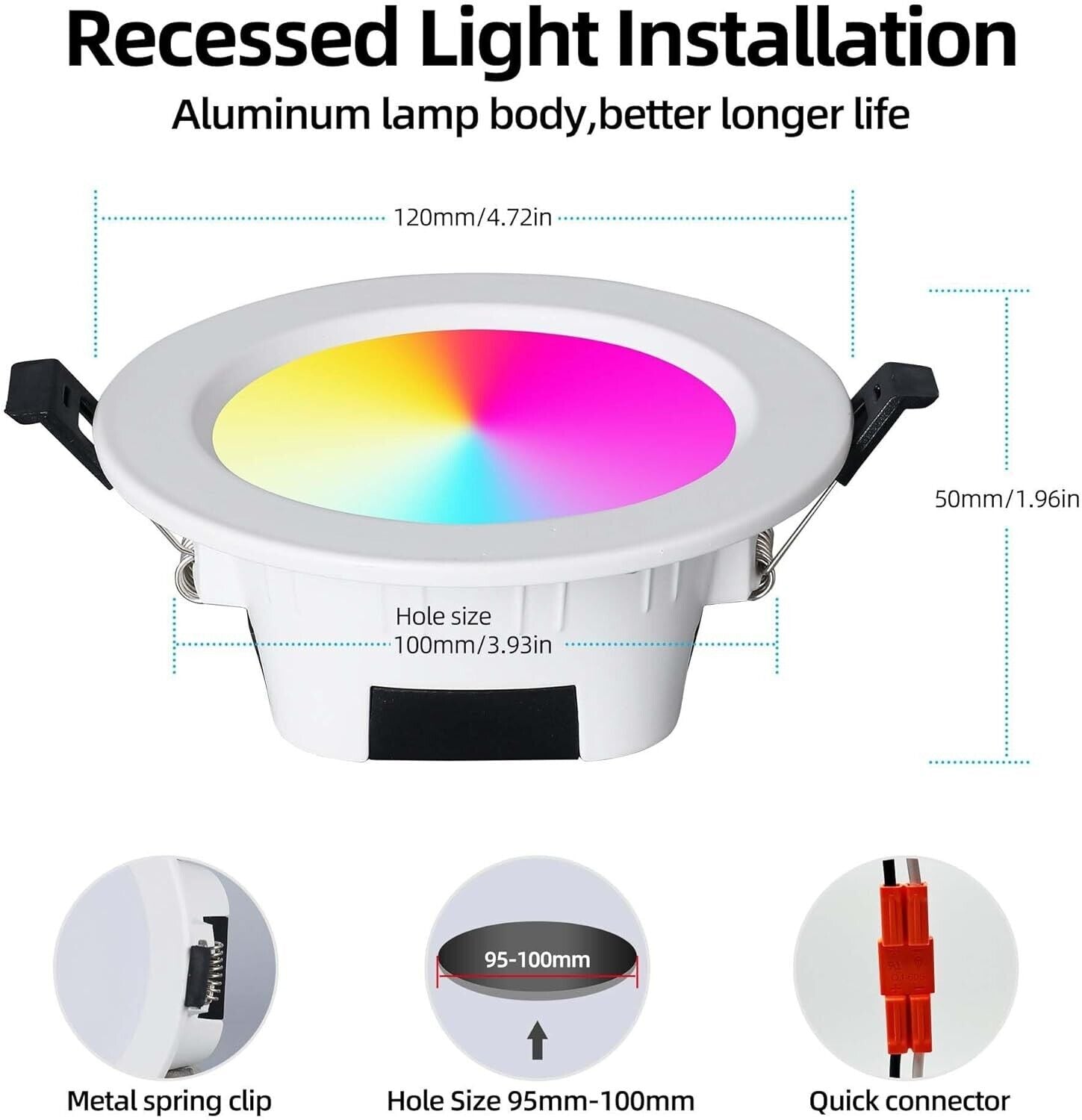 RGBWW colour changing ceiling light with recessed installation and adjustable spring clips