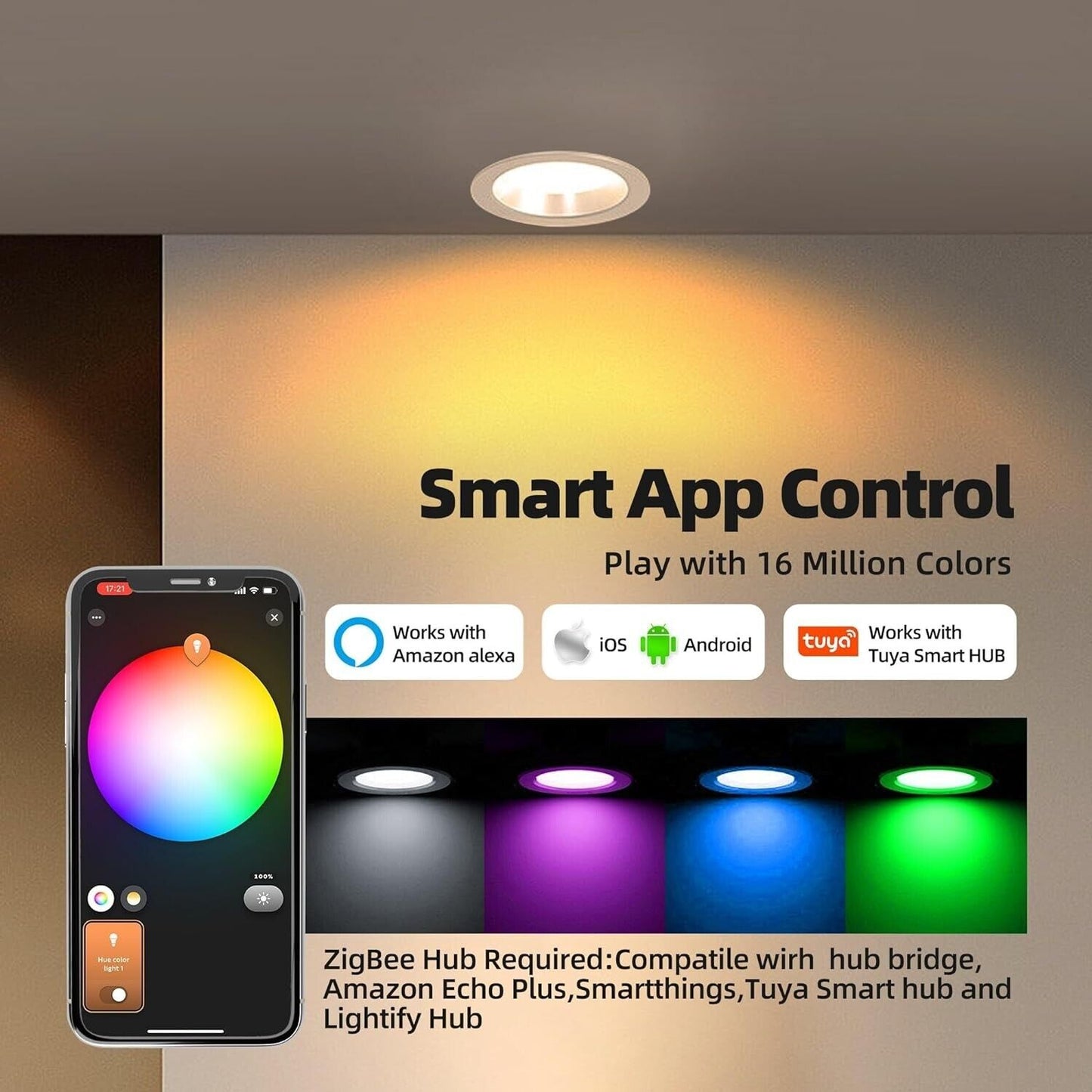 RGBWW colour changing ceiling light with smart app control for 16 million colours and smart hub compatibility