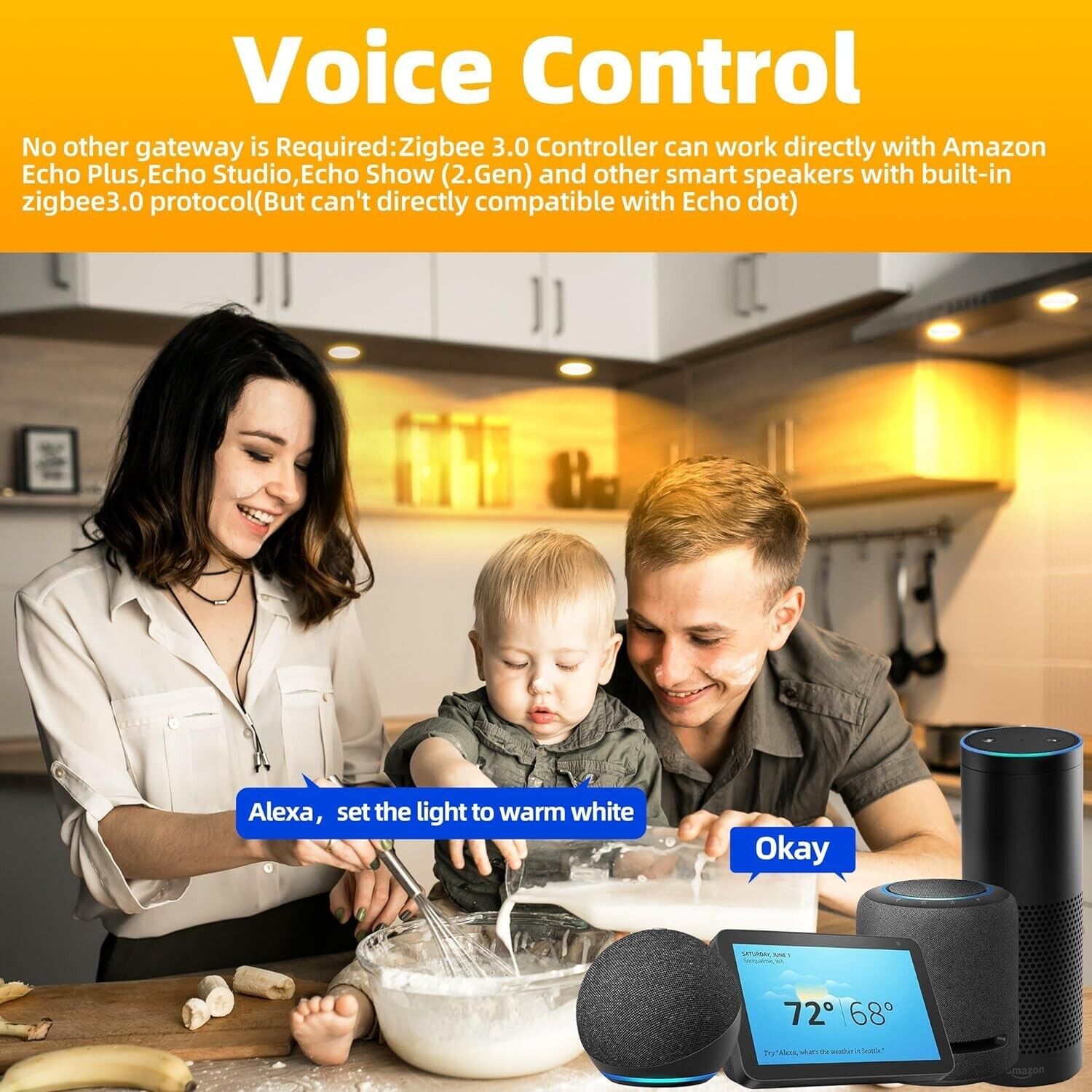 Family using voice control for RGBWW colour changing ceiling light in a modern kitchen