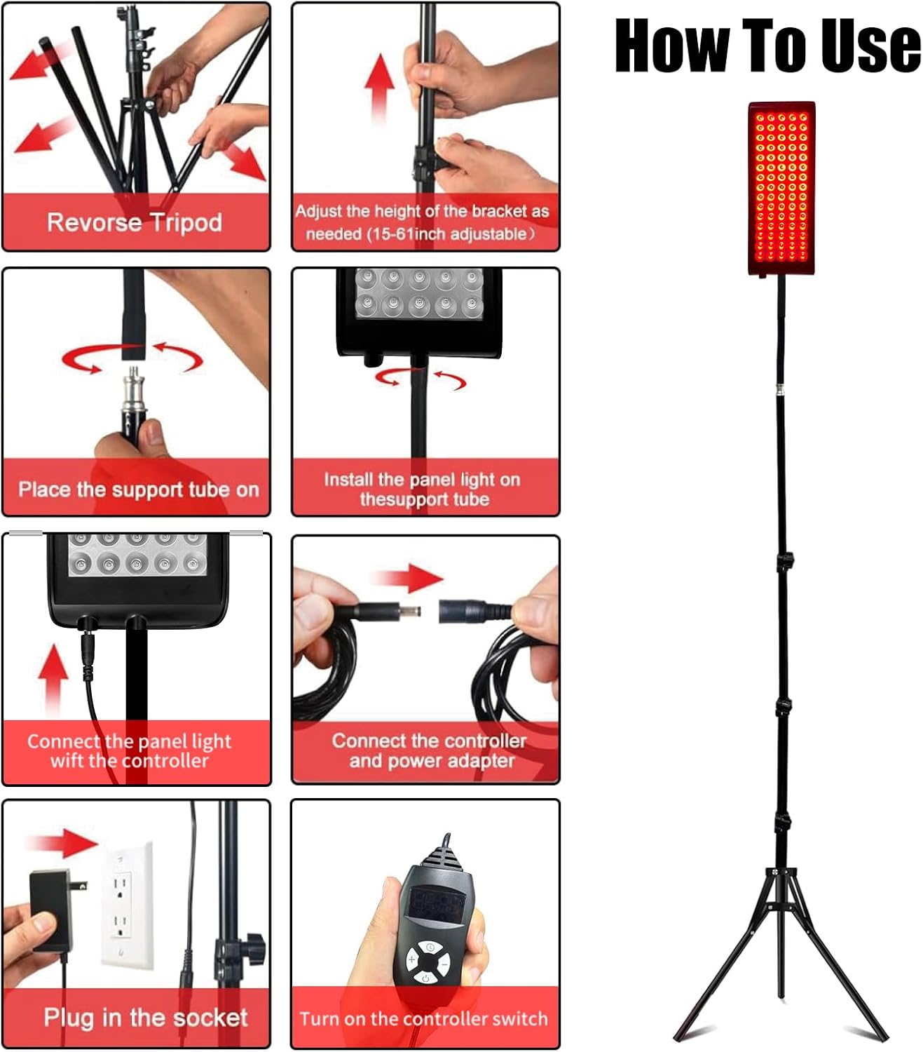 Infrared red light therapy lamp setup guide with adjustable tripod and connection instructions