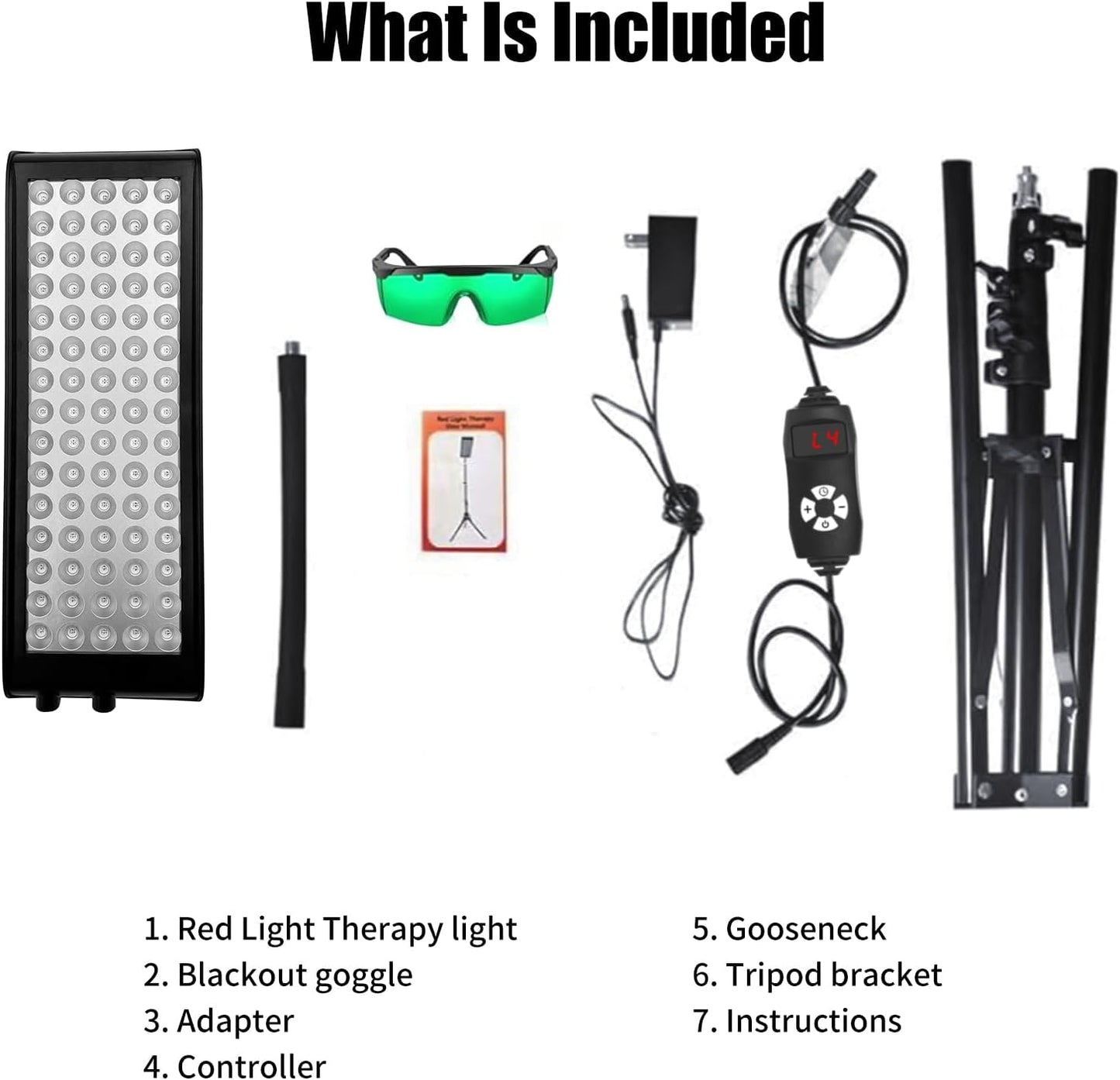 Infrared red light therapy lamp kit with goggles, adapter, controller, and tripod bracket included