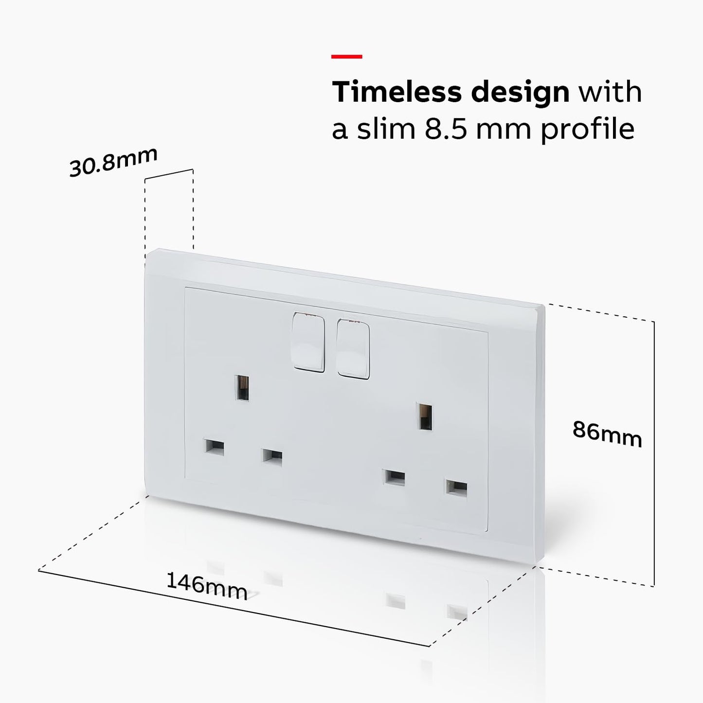 Inora 2 gang switched socket with a timeless design and slim 8.5 mm profile for stylish home wiring