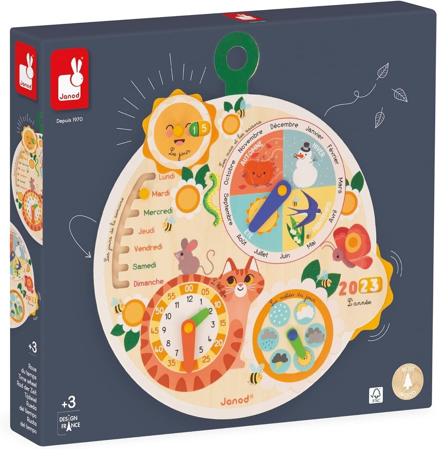 Janod wooden time wheel educational game for teaching children about days, months, and seasons