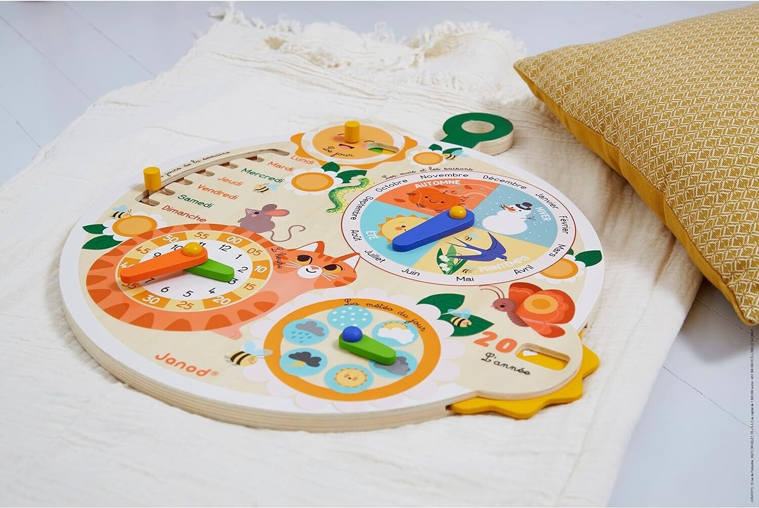 Janod wooden time wheel educational game featuring colourful animal illustrations and movable dials