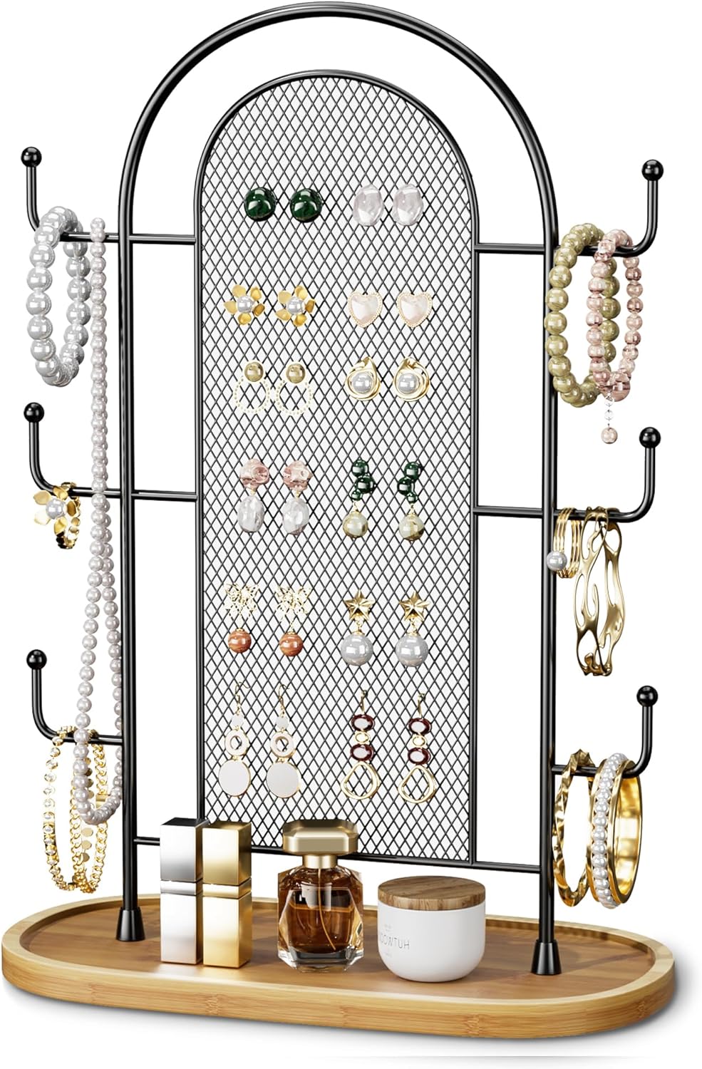 Niffgaff jewellery organiser stand with multiple hooks and a tray for storing earrings and bracelets