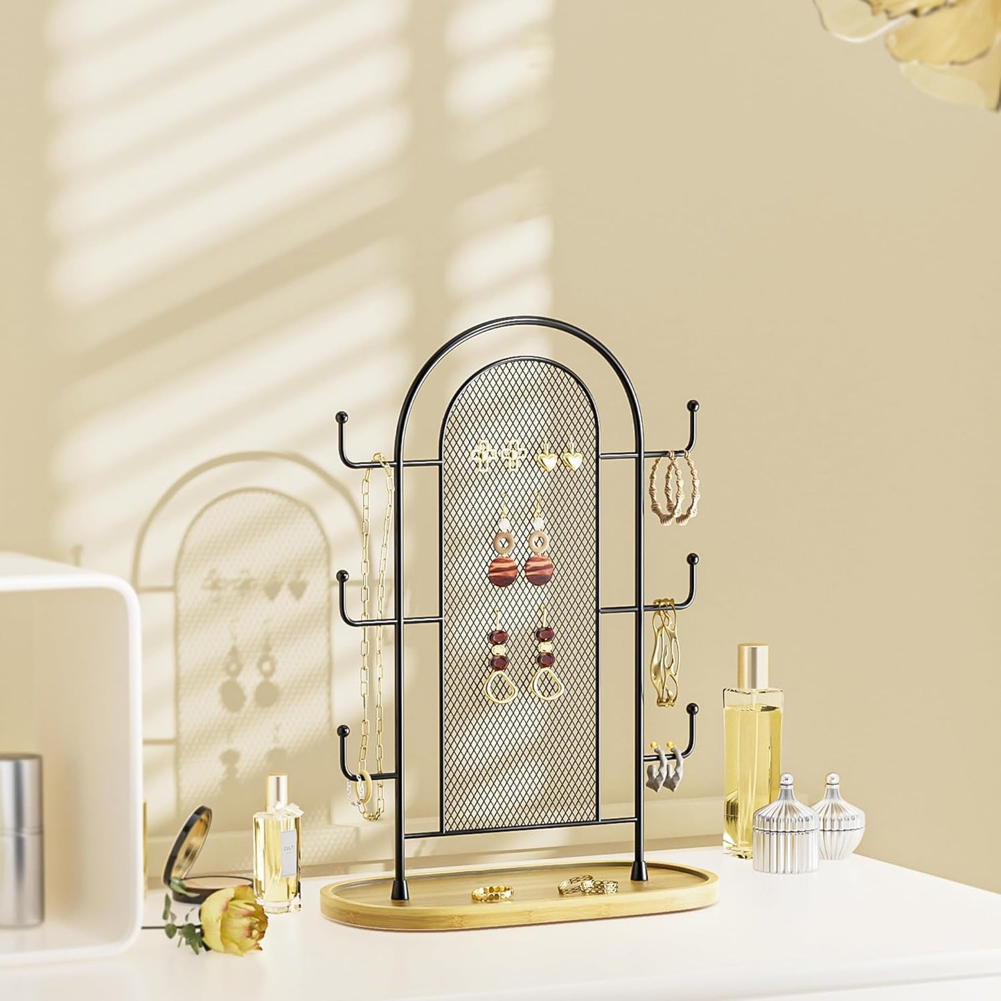 Niffgaff jewellery organiser stand with elegant black design for displaying earrings and necklaces