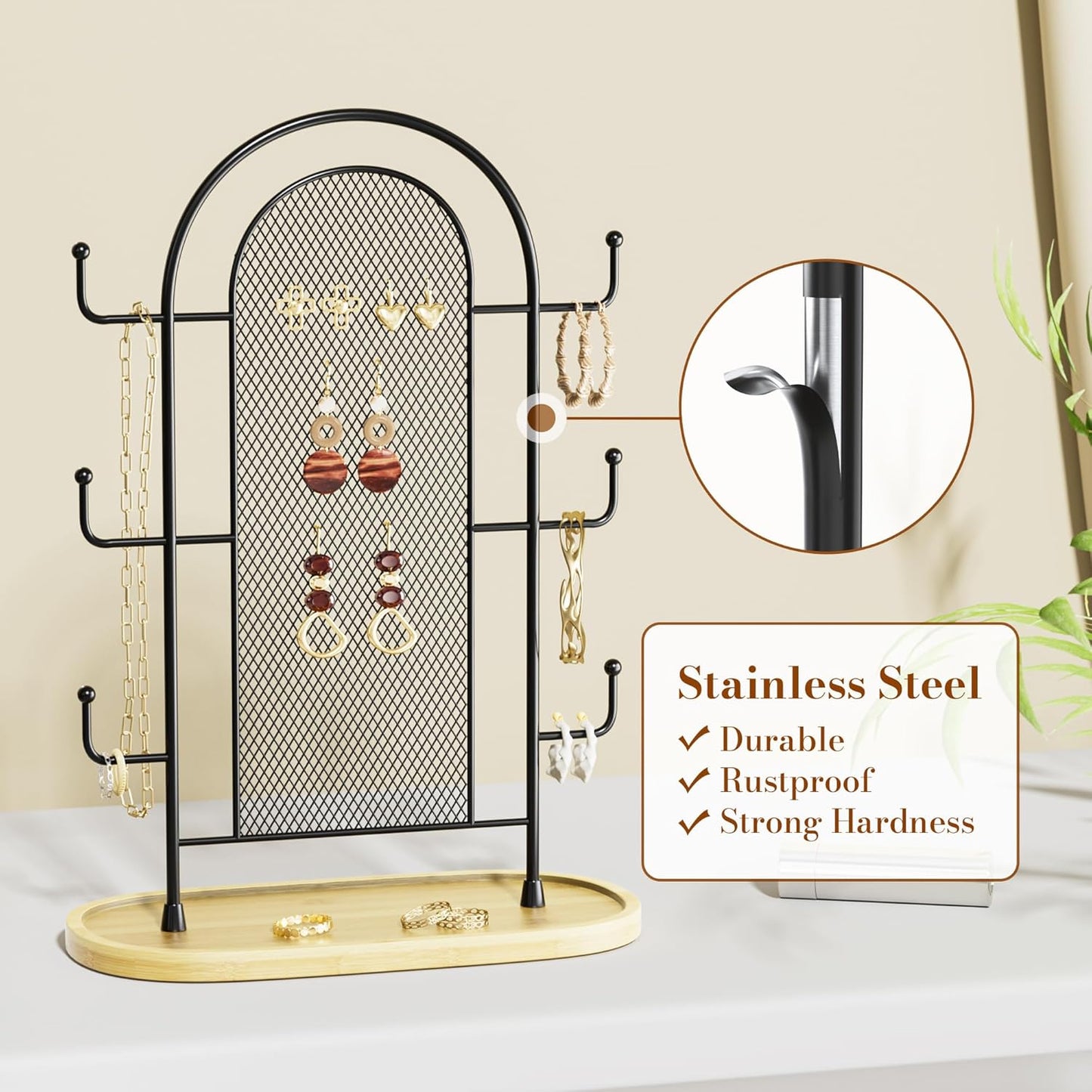 Niffgaff jewellery organiser stand in black stainless steel with multiple hooks for earrings and necklaces