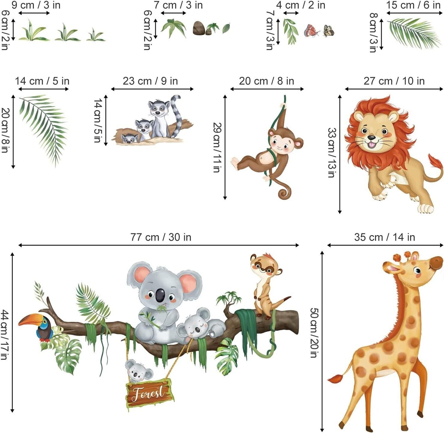 Jungle animal wall stickers featuring a lion, koala, giraffe, and monkey with vibrant foliage designs