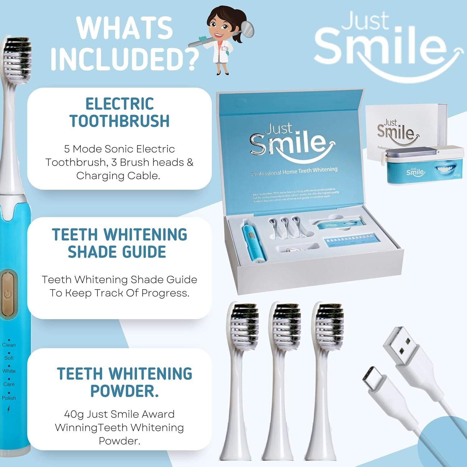 Just Smile toothbrush kit with electric toothbrush, brush heads, whitening guide and USB charging cable