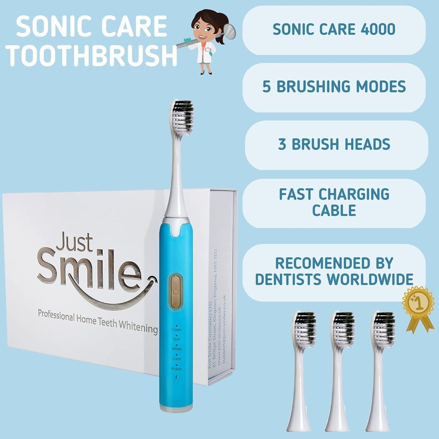 Just Smile toothbrush kit featuring Sonic Care 4000, 5 brushing modes, 3 brush heads, and fast charging cable
