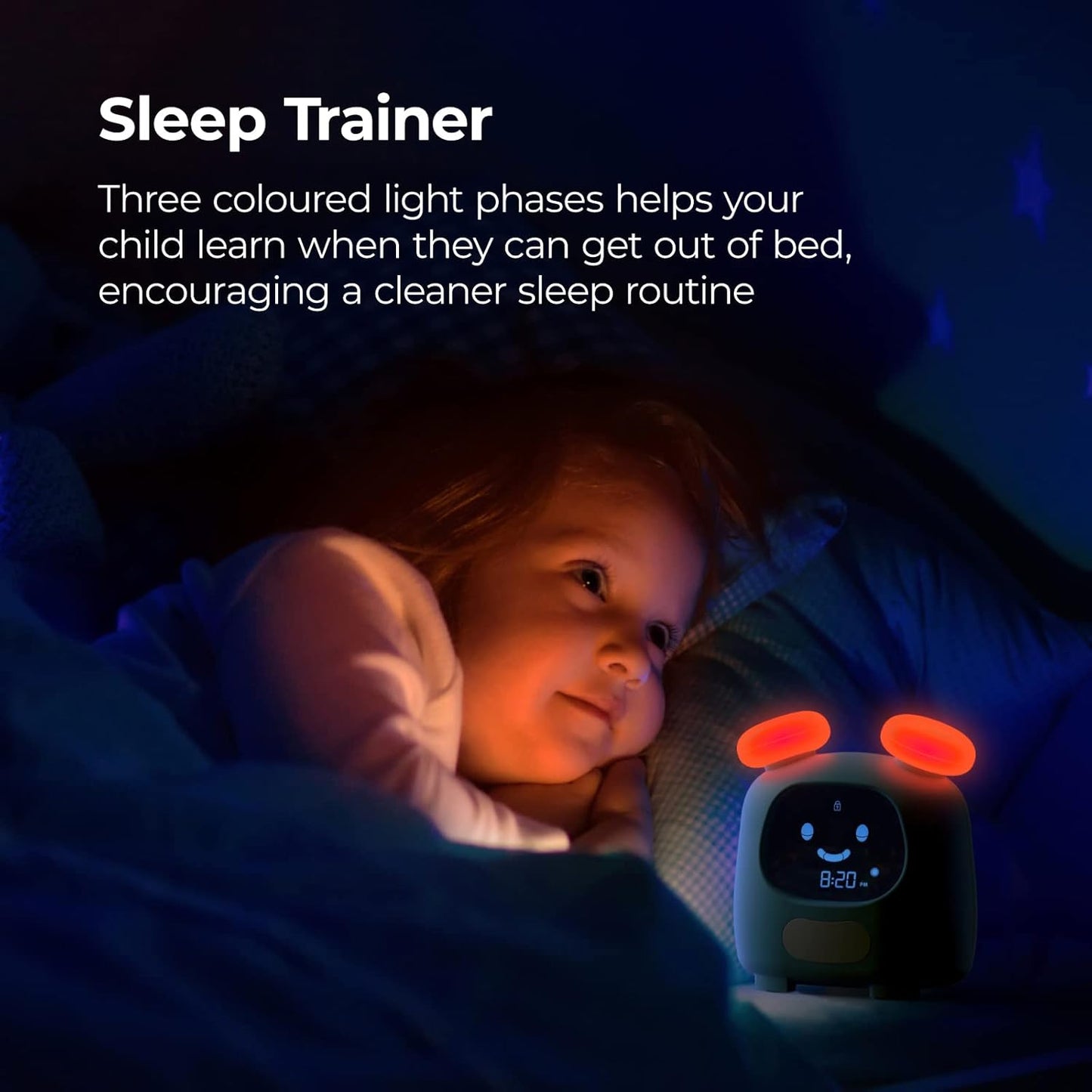 i-box kids alarm clock with sleep trainer features and coloured light phases for bedtime routines