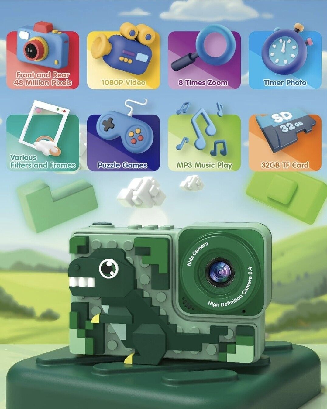Kids dinosaur camera with games featuring 48MP, 1080P video, and various fun features for young photographers.