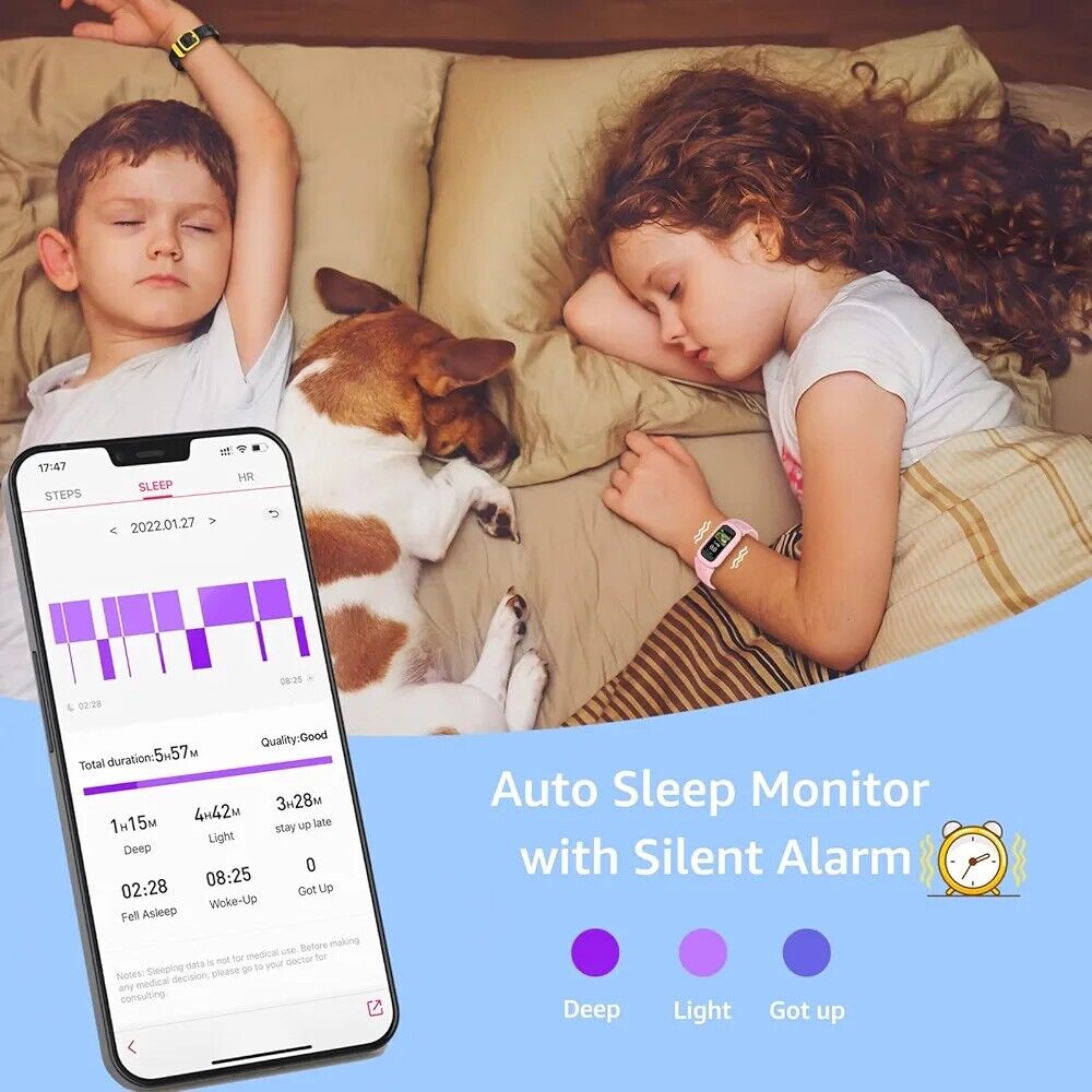 Children using kids fitness tracker waterproof while sleeping, showcasing sleep monitoring features