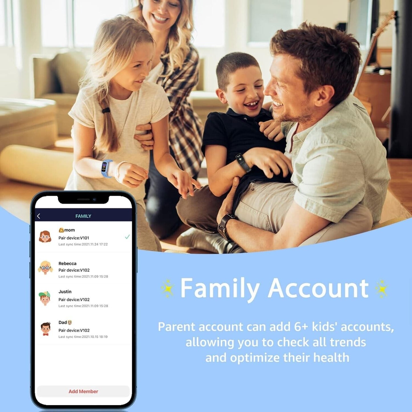 Kids fitness tracker waterproof displayed with a happy family, showcasing health tracking features for children