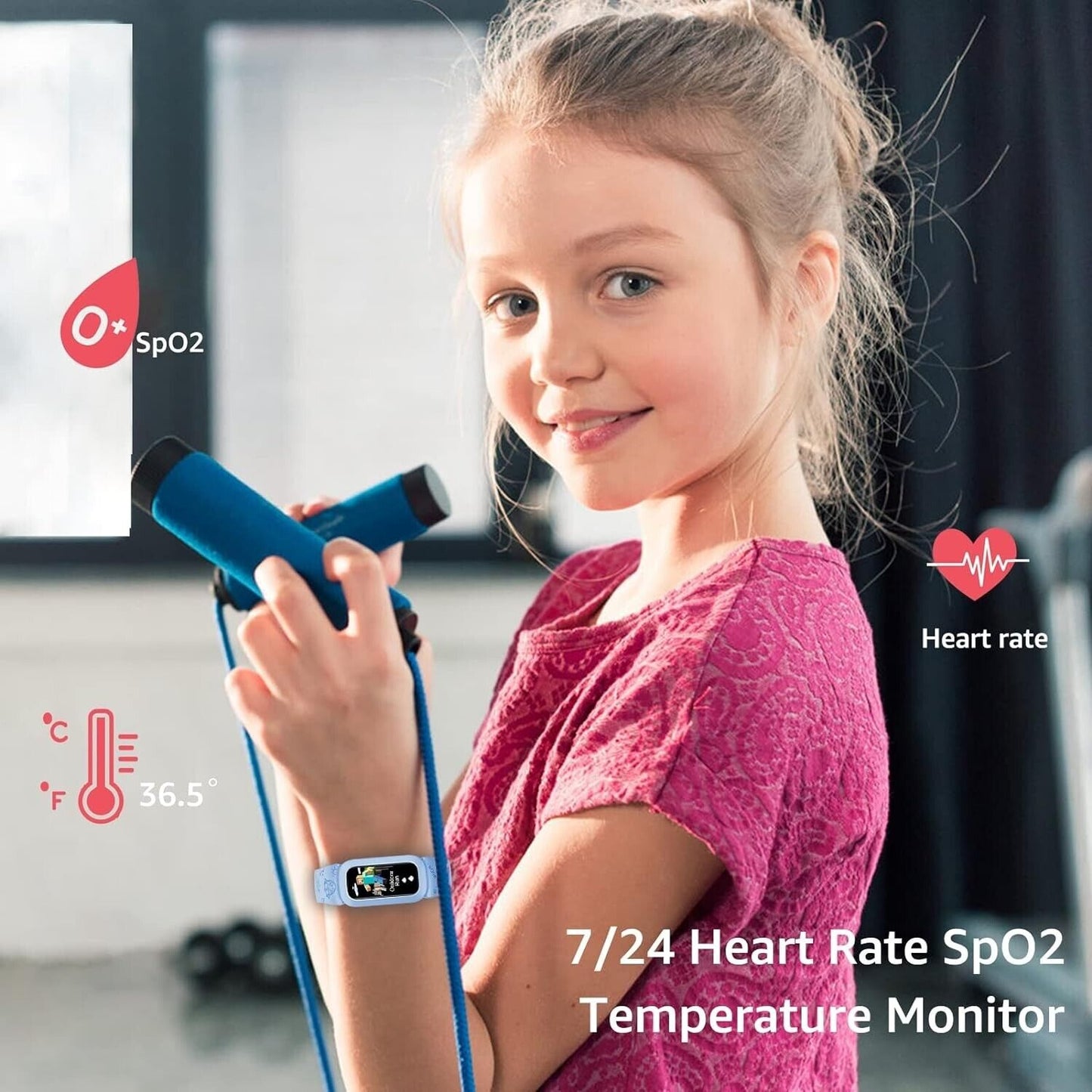 Girl using a kids fitness tracker waterproof while skipping rope indoors with health metrics displayed
