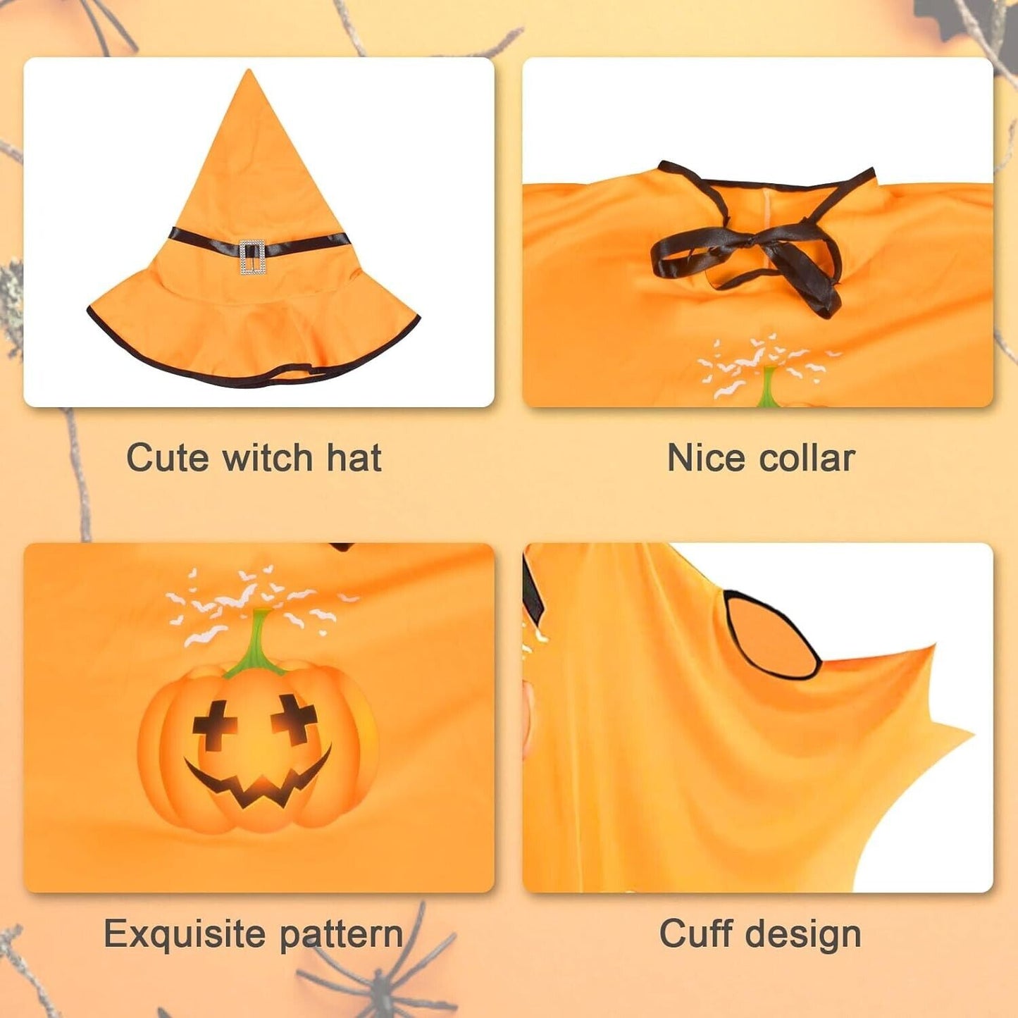 Kids Halloween bat costume featuring a cute hat, nice collar, and exquisite pumpkin pattern