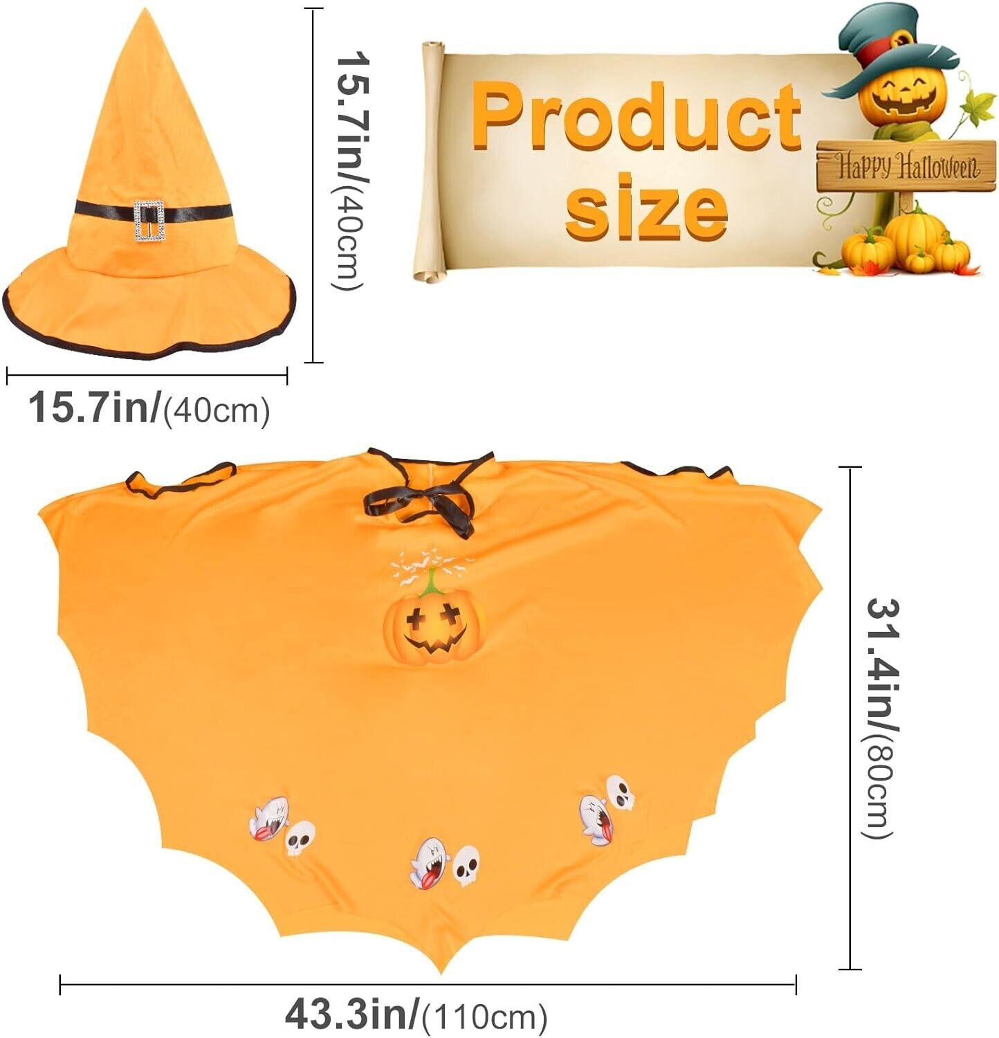 Kids Halloween bat costume in orange with pumpkin design and bat wings for festive celebrations