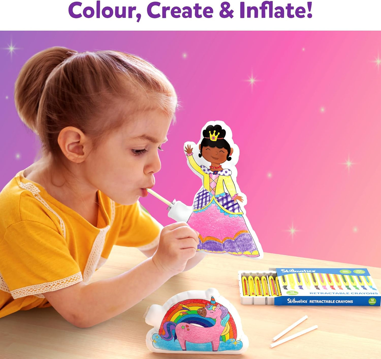 Child using the inflatable art kit for kids, colouring and inflating a princess figure