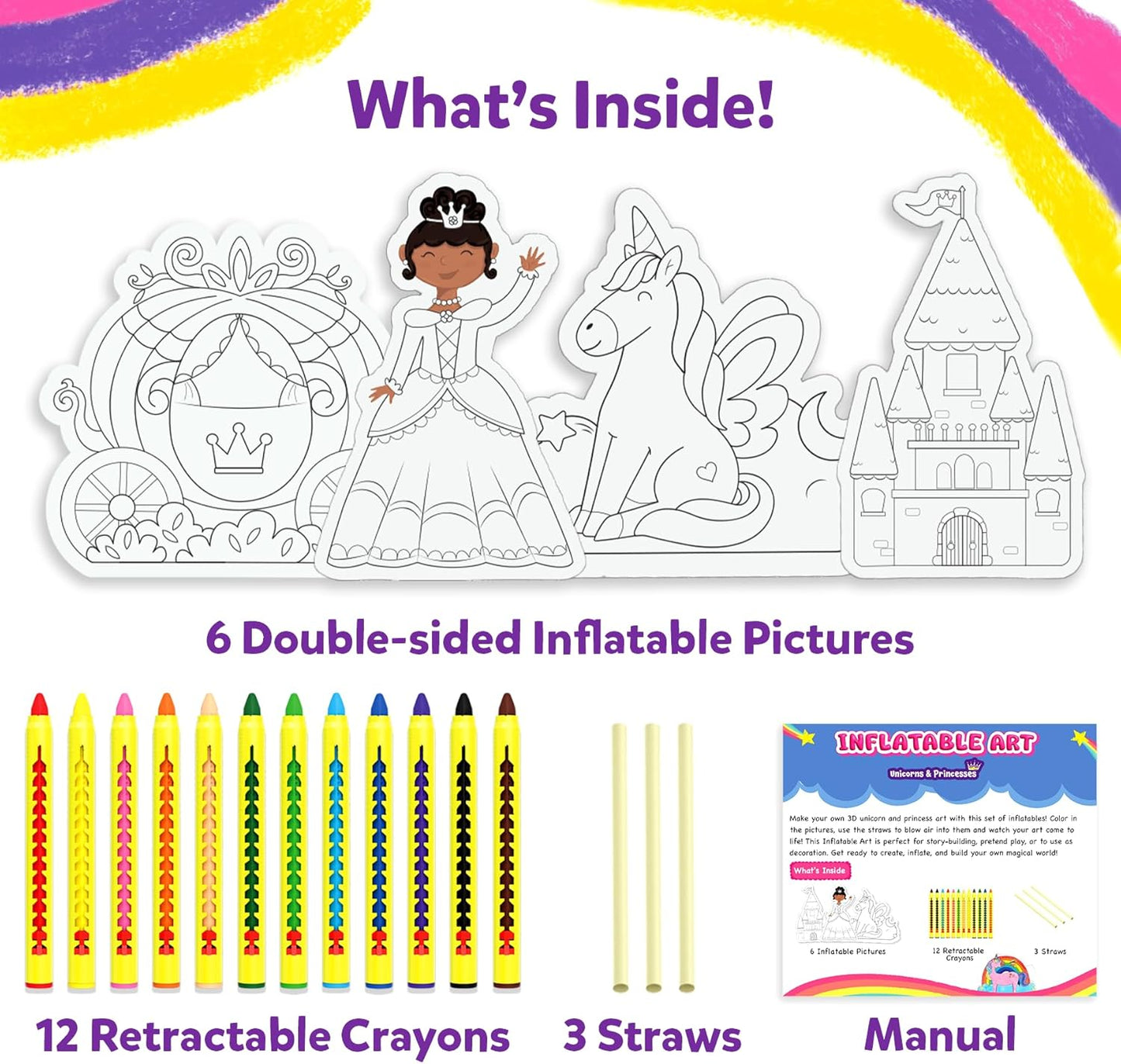 Skillmatics inflatable art kit for kids including 6 inflatable pictures, 12 crayons, and 3 straws