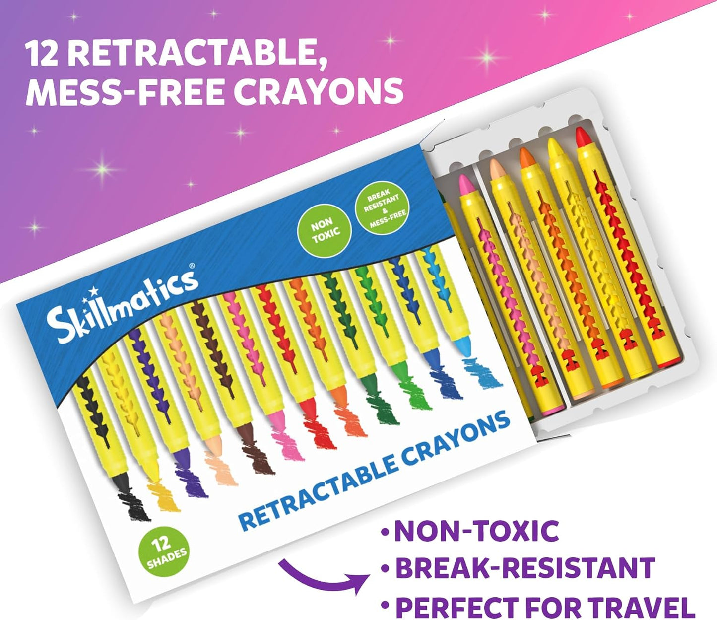 Skillmatics 12 Retractable Mess-Free Crayons in Various Shades, ideal for the inflatable art kit for kids