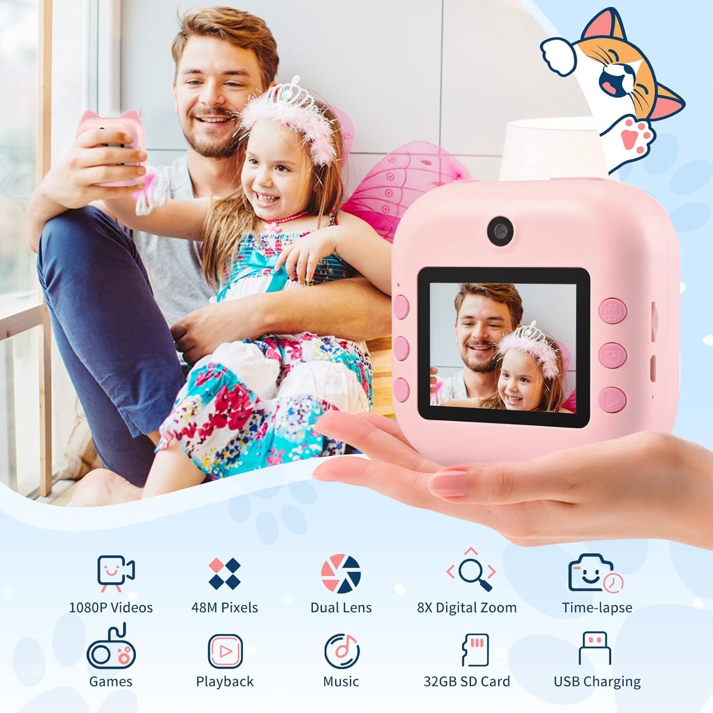 PaNt kids instant print camera in pink capturing joyful moments with a father and daughter