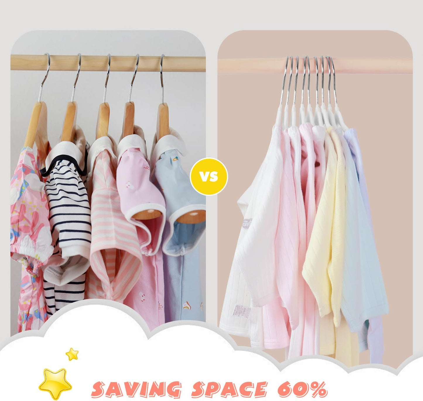 Comparison of kids velvet hangers 30 pack showing more space-efficient organisation for baby clothes