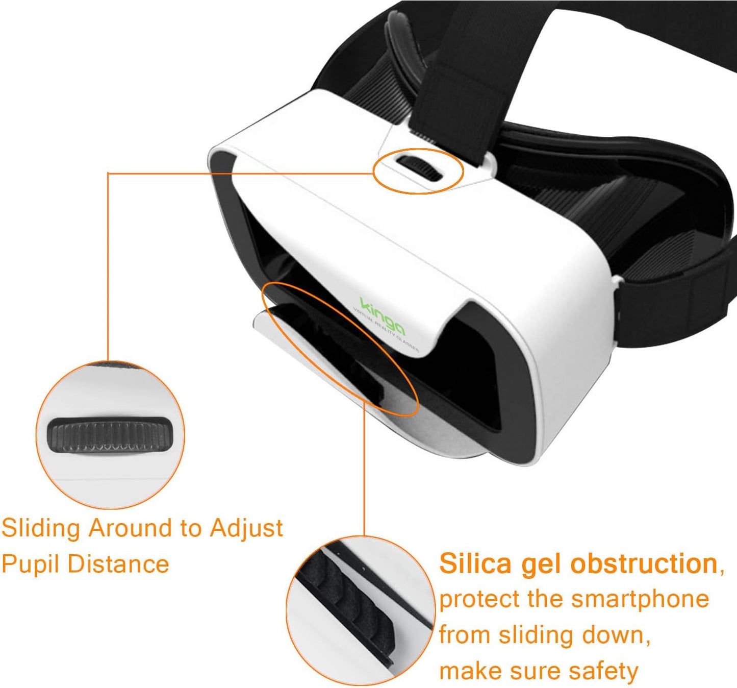 Kinga VR headset for smartphones with adjustable pupil distance and silica gel obstruction for safety