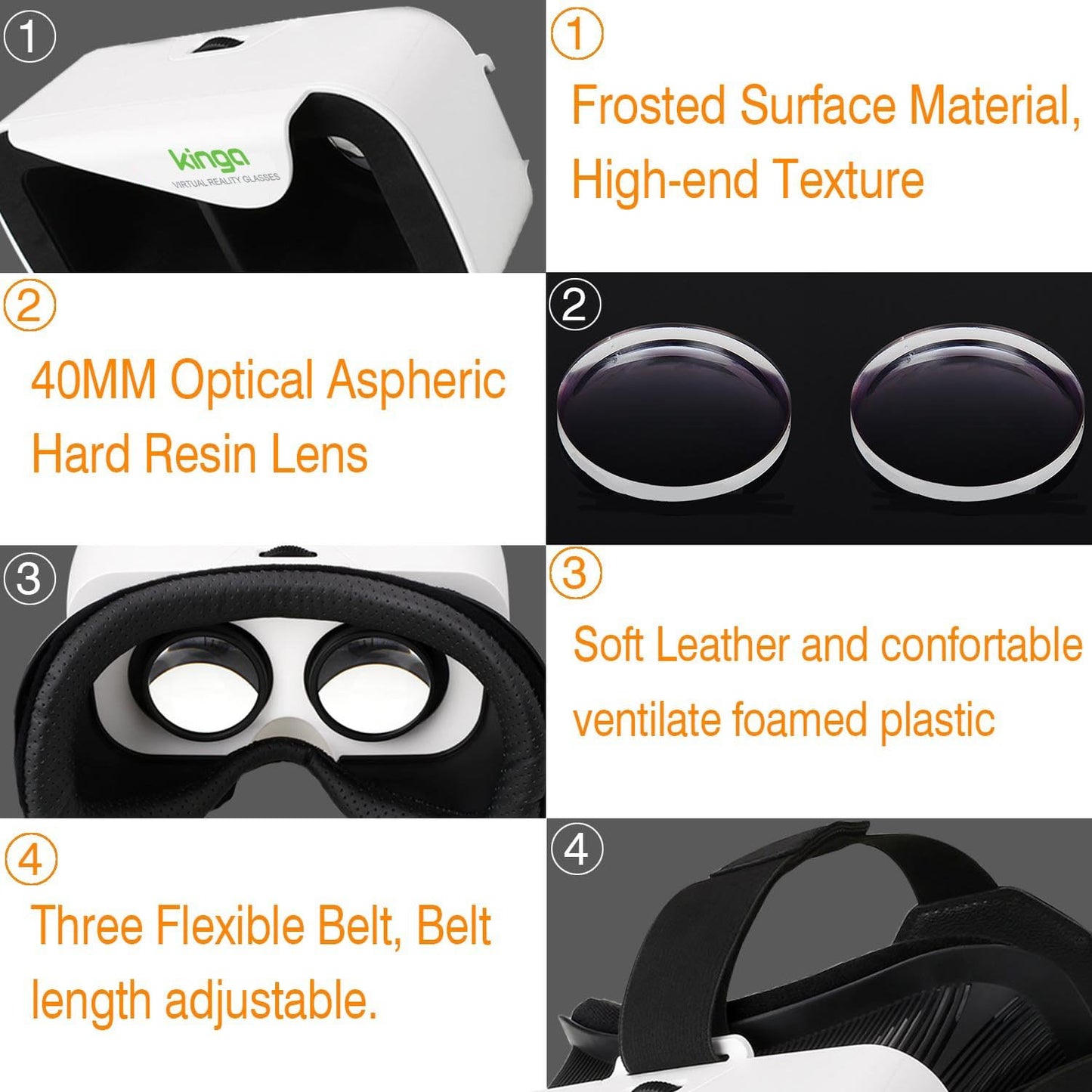 KINGA VR headset for smartphones with frosted surface and adjustable belts for comfort