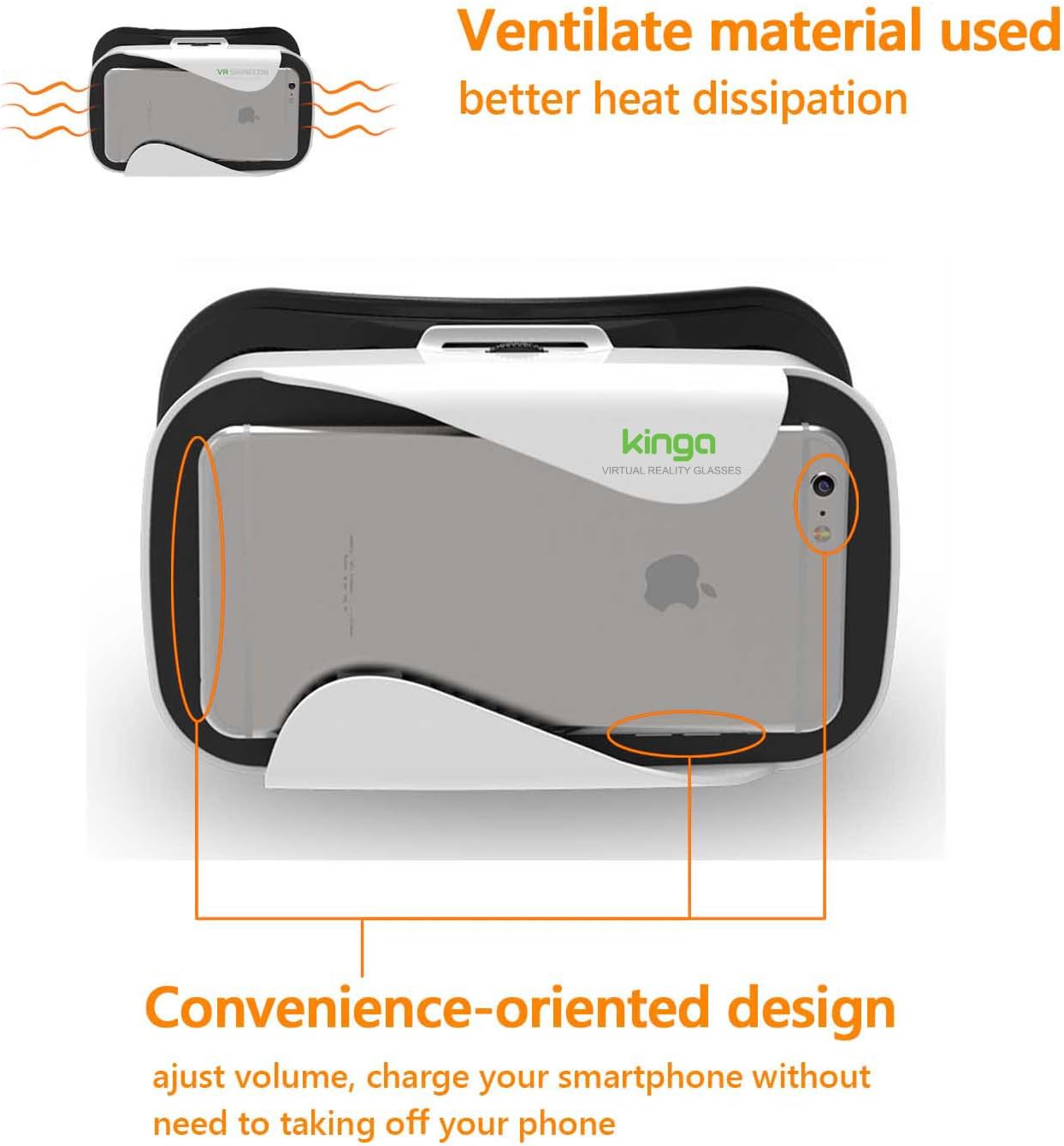 Kinga VR headset for smartphones with ventilated design for better heat dissipation and convenient access
