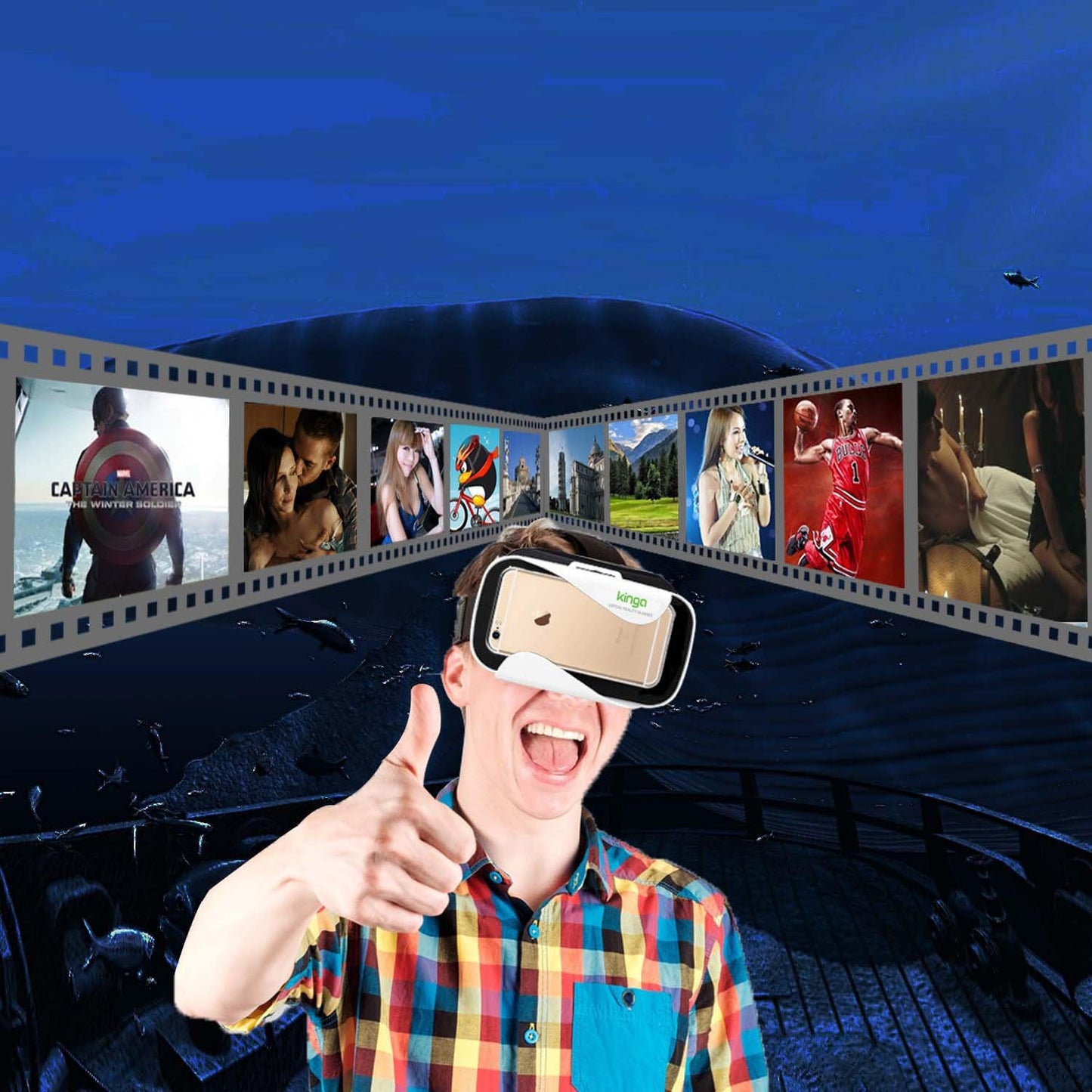 Kinga VR headset for smartphones worn by a user enjoying immersive virtual reality experience