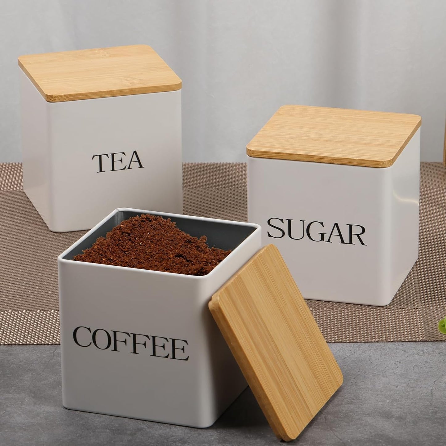 VAVPUP kitchen canister set with bamboo lids for tea, sugar, and coffee storage