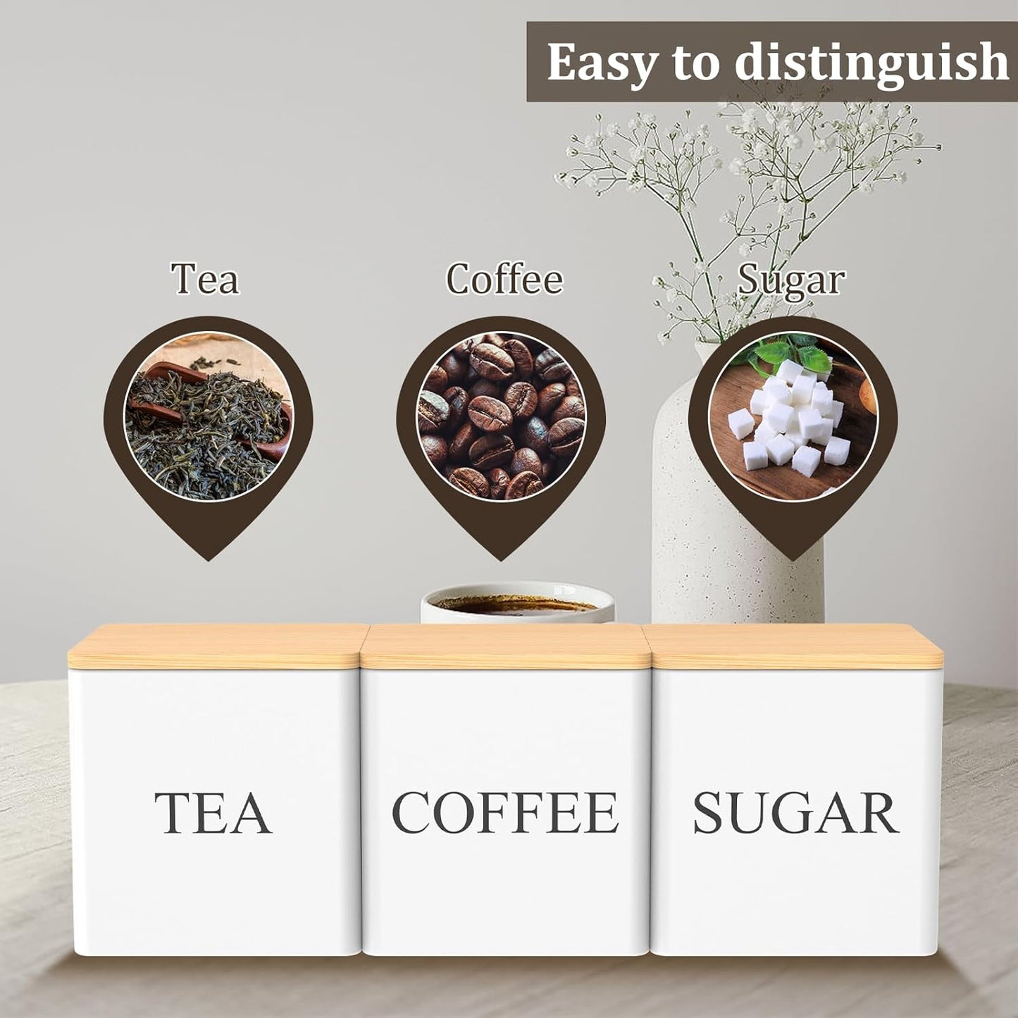 VAVPUP kitchen canister set with bamboo lids, labelled for tea, coffee, and sugar storage