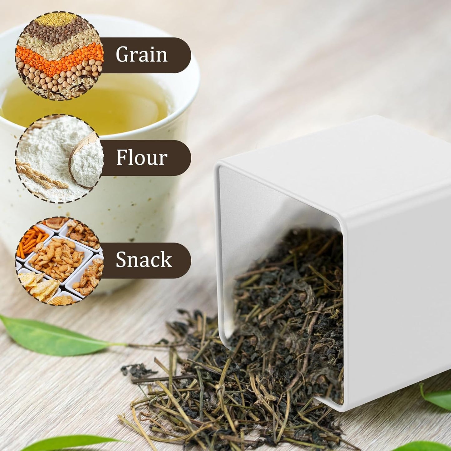 VAVPUP kitchen canister set with bamboo lids for storing grain, flour, and snacks in a stylish design
